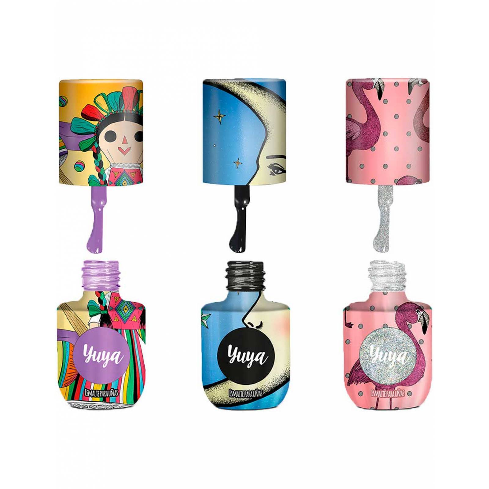 Pack 6 Esmaltes Yuya Varios Colores 8ml Cada uno-Incluye: México Bonito (Violeta Amatista), Baila Conmigo (Glitter Plata), Amor Mío (Rosa Lavanda), Tus Ojos (Azul Celeste), Mar, Mar (Gris azulado), Sueño Contigo (Negro)