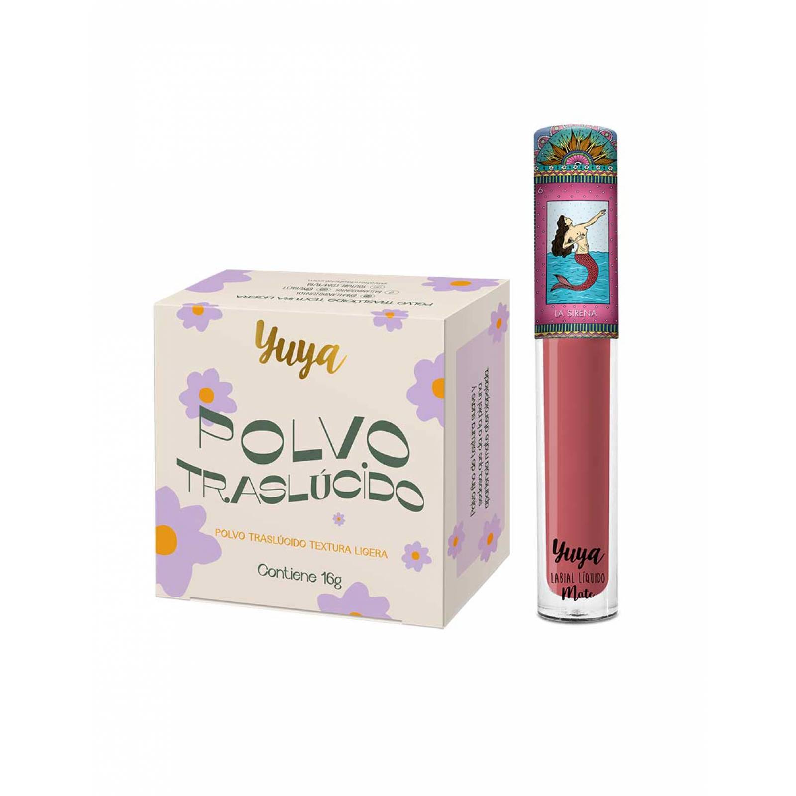 Yuya - Polvo traslúcido con ingredientes naturales 16g + Labial Liquido Mate "La Sirena" Color Chocolate, 3g