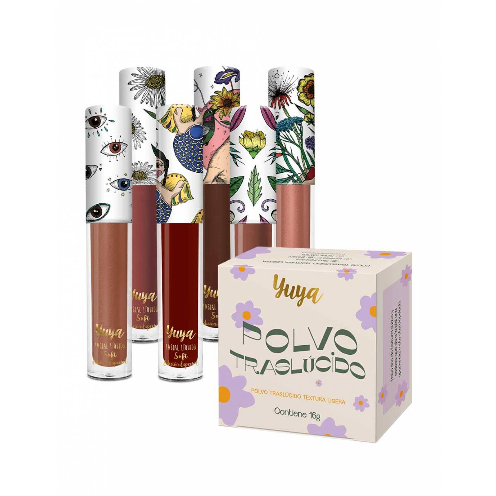 Yuya - Polvo traslúcido con ingredientes naturales 16g + Paquete 6 Labiales Soft 3g c/u Existir Incluye: (Chocolate), Paraíso (Rojo), Floreces (Chocolate intenso), Margarita (Café Rosado), Míranos (Café Claro), Aleluya (Palo de Rosa con brillos)