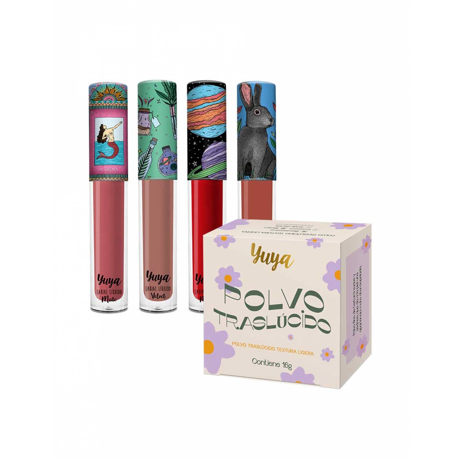 Yuya - Polvo traslúcido con ingredientes naturales 16g + Paquete 4 Labiales líquidos Mate - Sirena (Chocolate), Te quiero (Marrón), Mi amor (Rojo intenso), Quédate (Ladrillo) 3g c/u