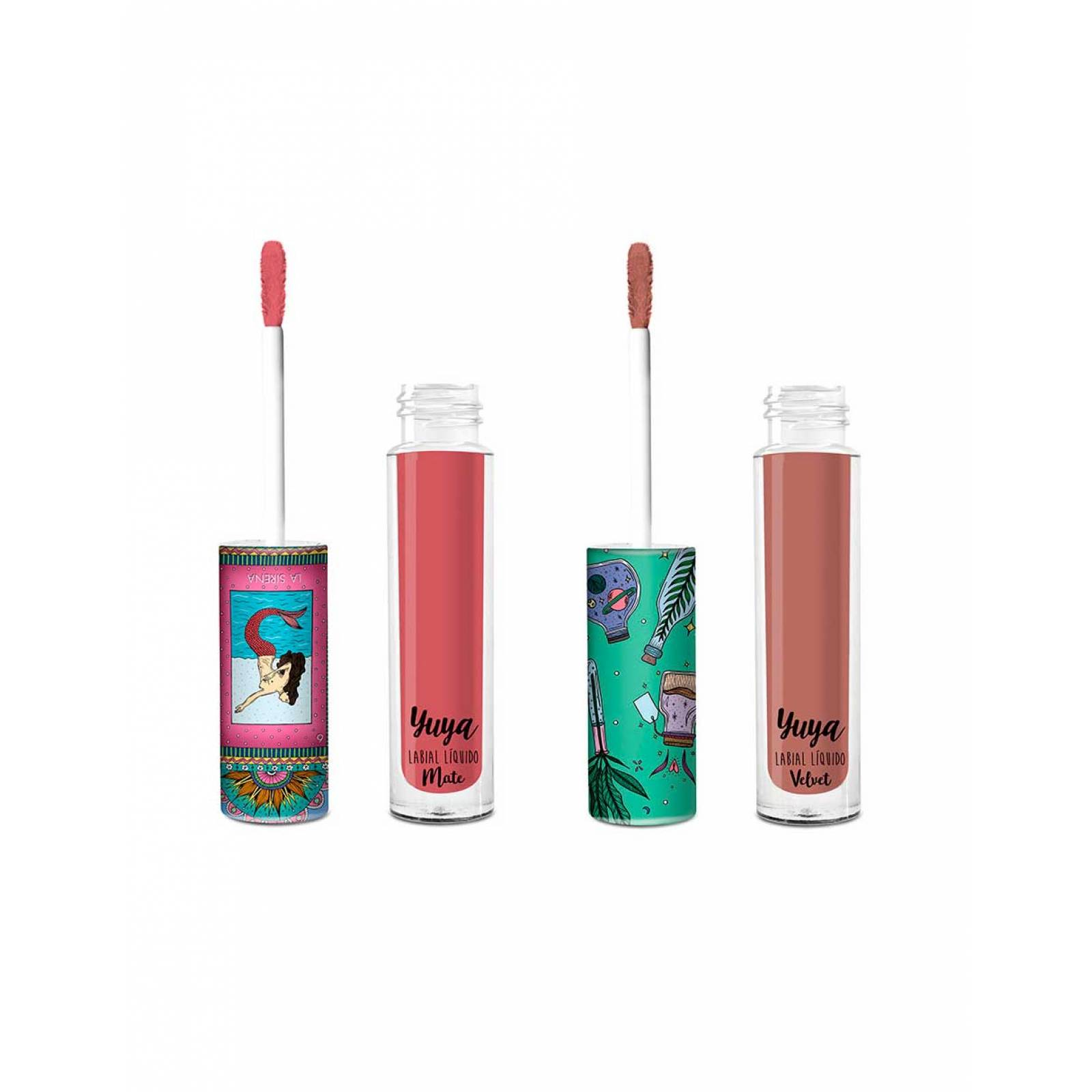 Yuya - Polvo traslúcido con ingredientes naturales 16g + Paquete 4 Labiales líquidos Mate - Sirena (Chocolate), Te quiero (Marrón), Mi amor (Rojo intenso), Quédate (Ladrillo) 3g c/u