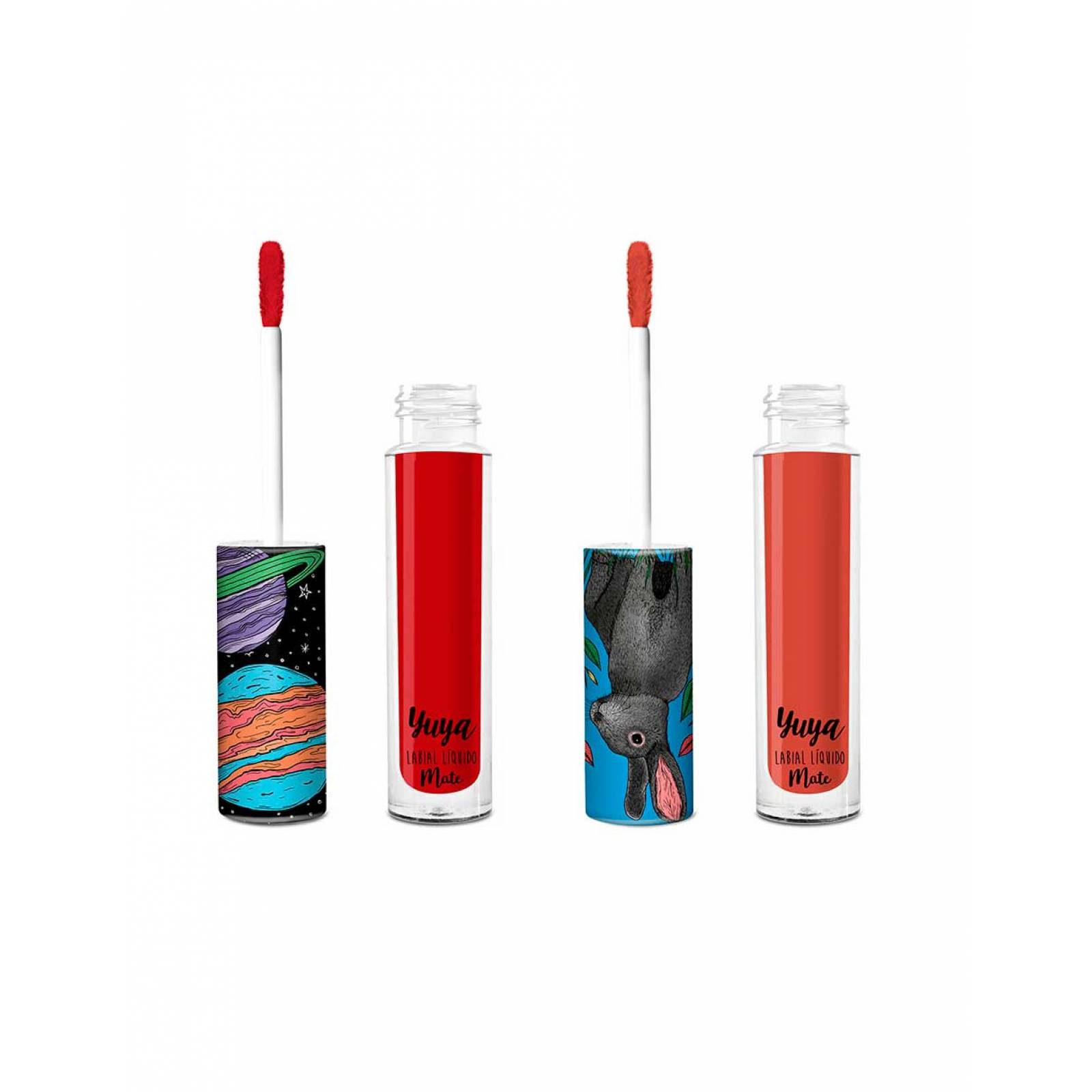 Yuya - Polvo traslúcido con ingredientes naturales 16g + Paquete 4 Labiales líquidos Mate - Sirena (Chocolate), Te quiero (Marrón), Mi amor (Rojo intenso), Quédate (Ladrillo) 3g c/u