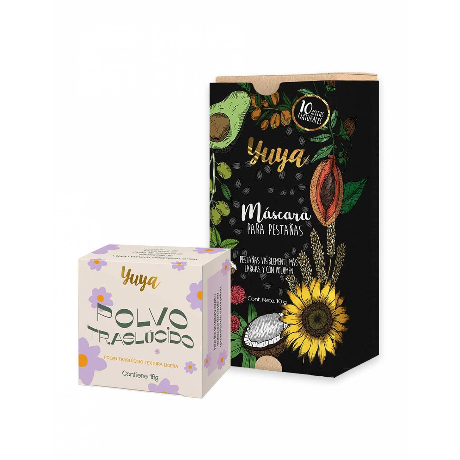 Yuya - Polvo traslúcido con ingredientes naturales 16g + Máscara de pestañas "10 aceites naturales" 10g