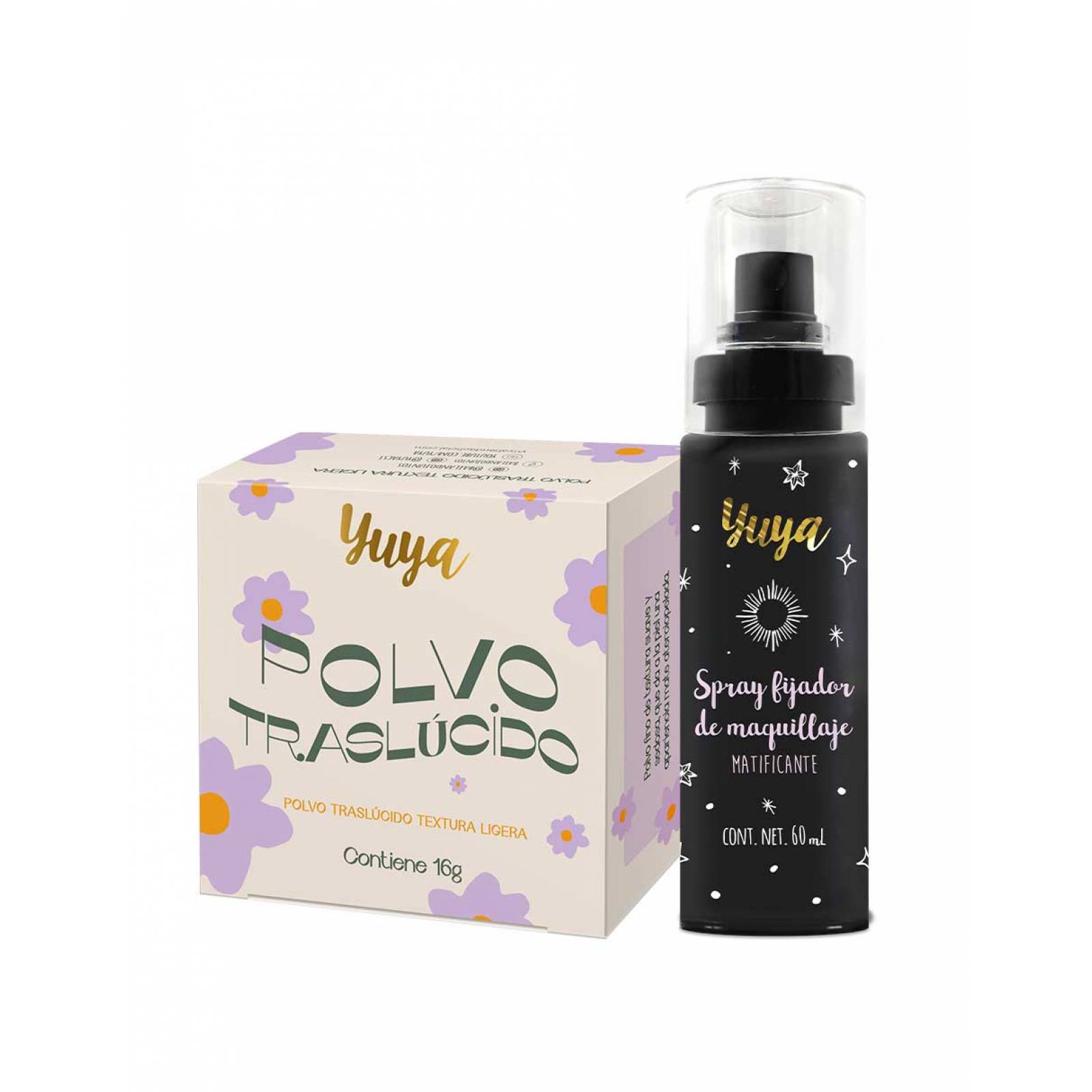 Yuya - Polvo traslúcido con ingredientes naturales 16g + Spray fijador de maquillaje 60ml