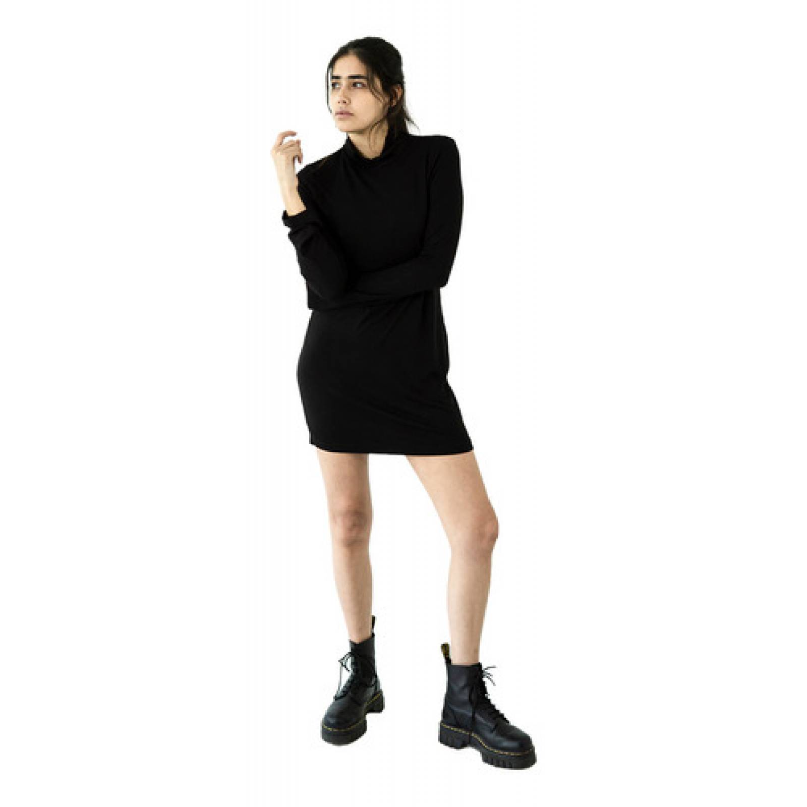 Vestido Corto De Cuello Alto Manga Larga Poliester Y Spandex