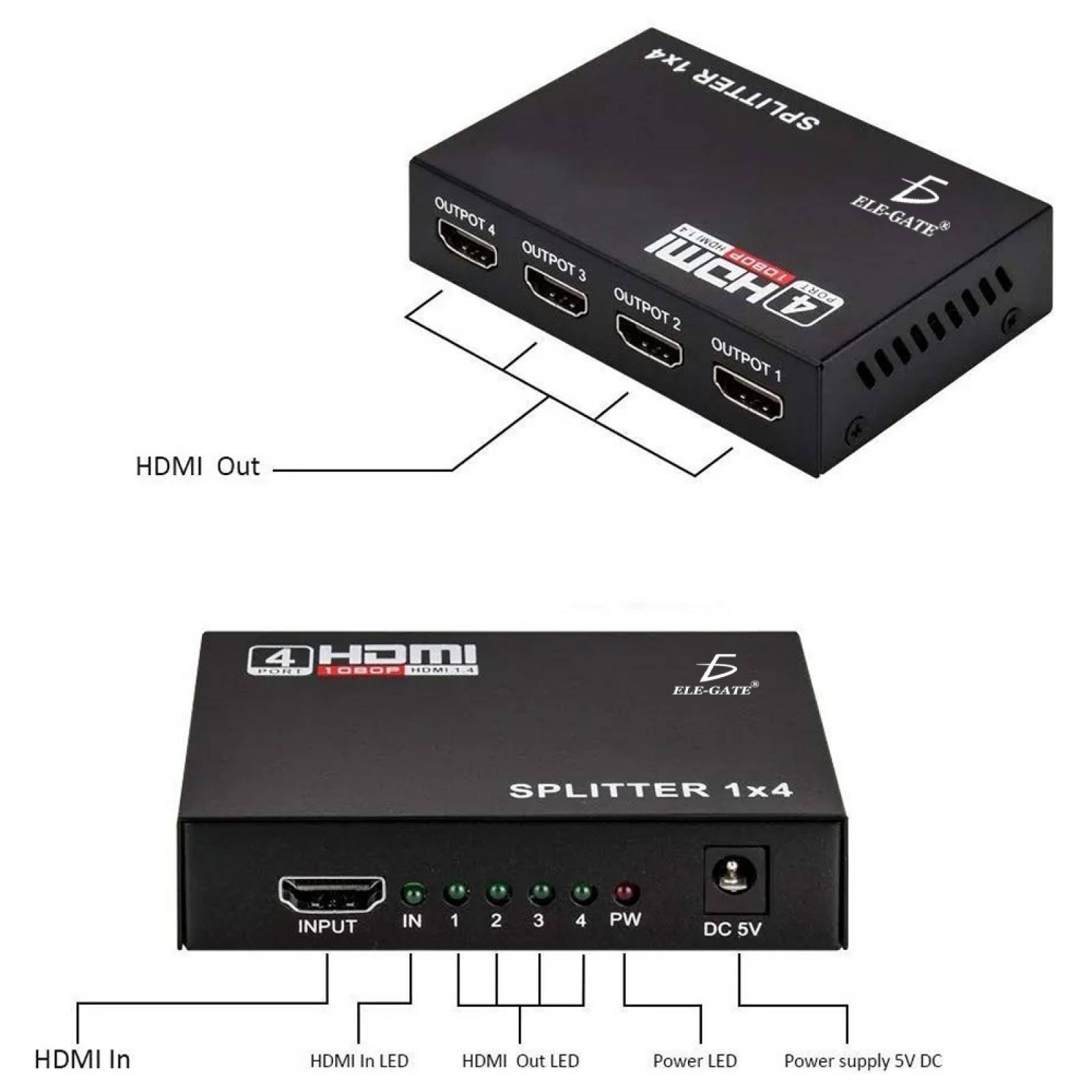 Splitter Hdmi 1x4 1080P Divisor Señal Amplificador Tv Monitor