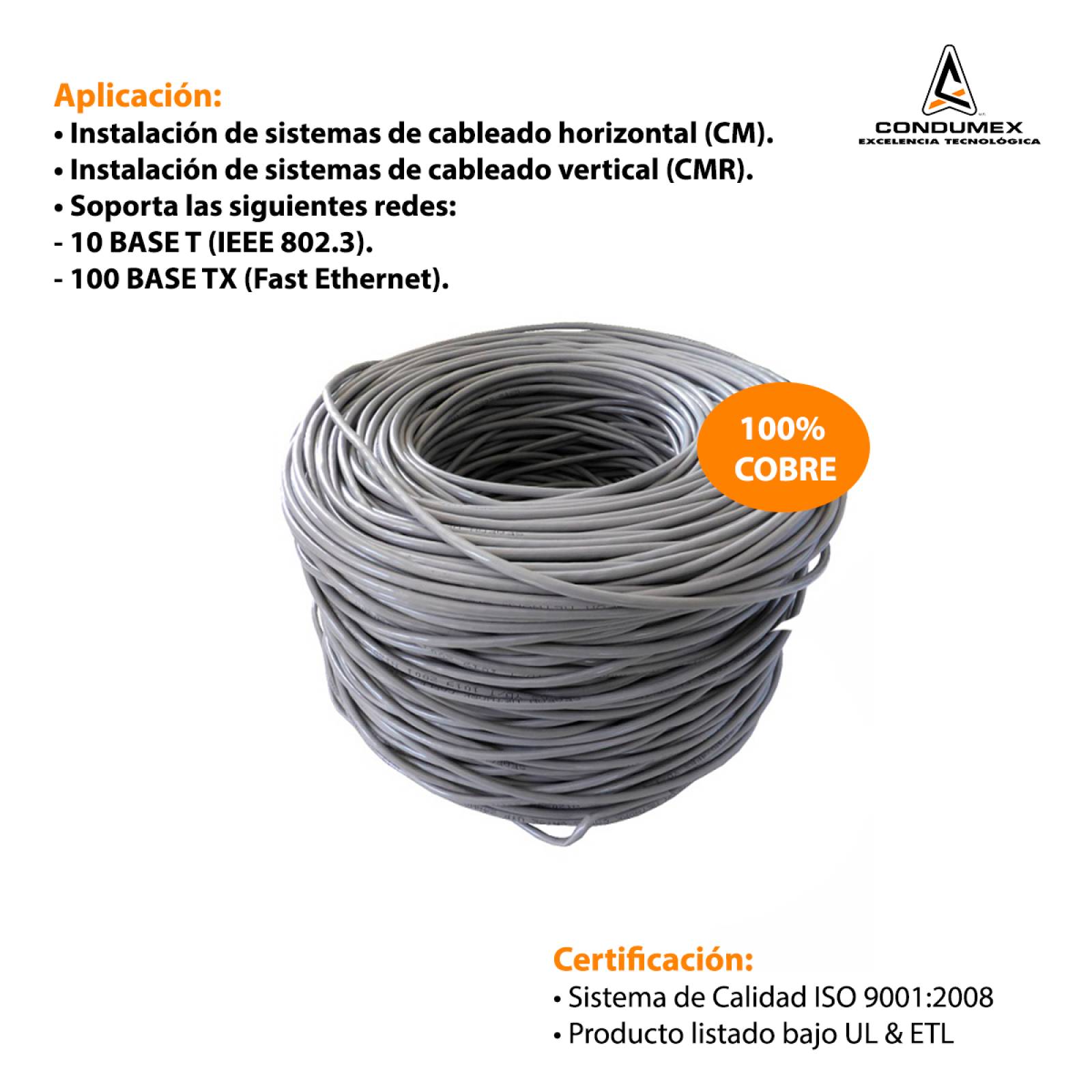 Cable UTP Cat6 Condumex 4 pares Calibre 23 awg 305mts
