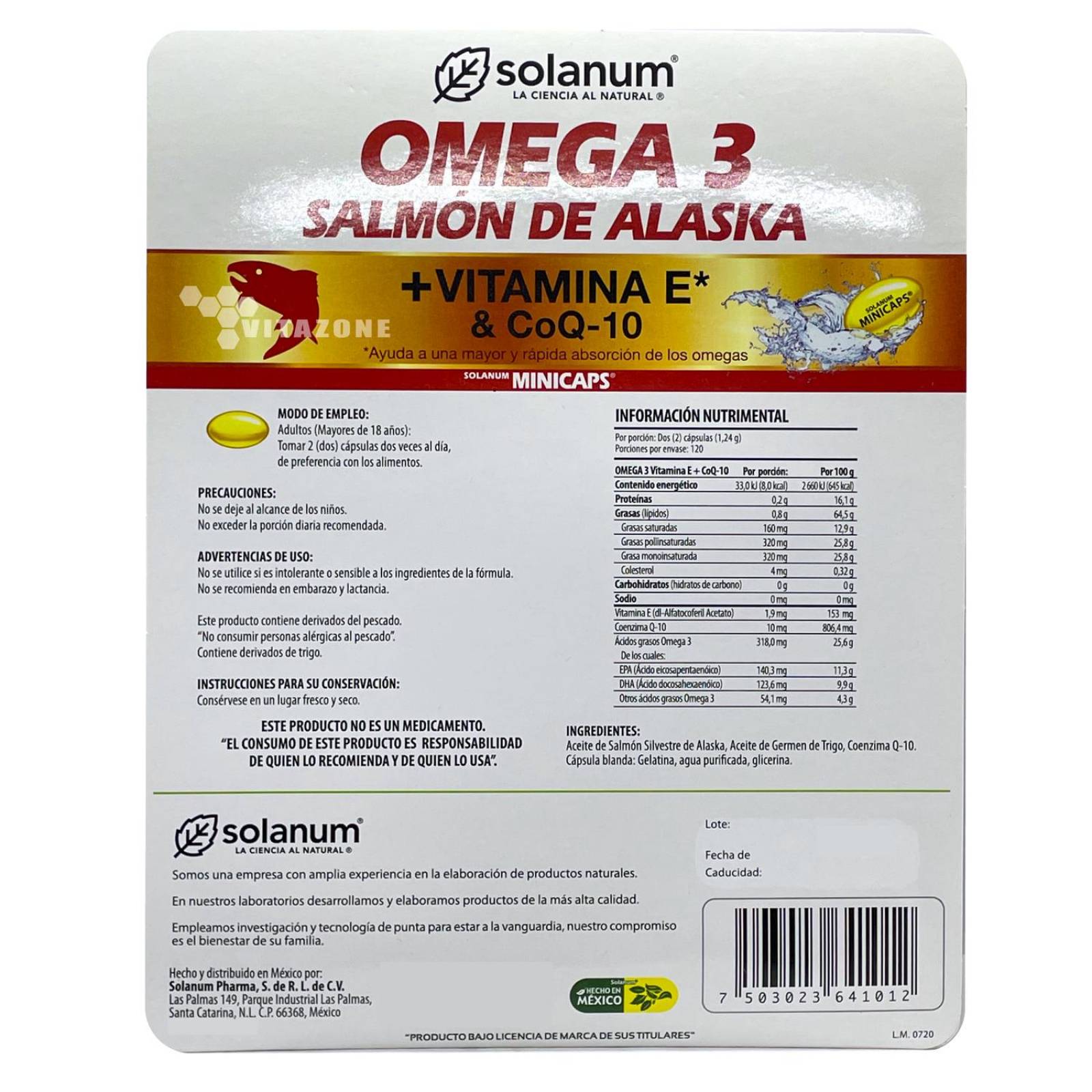 Omega 3 Salmón de Alaska, Vitamina E y CoQ10 240 cápsulas Solanum 