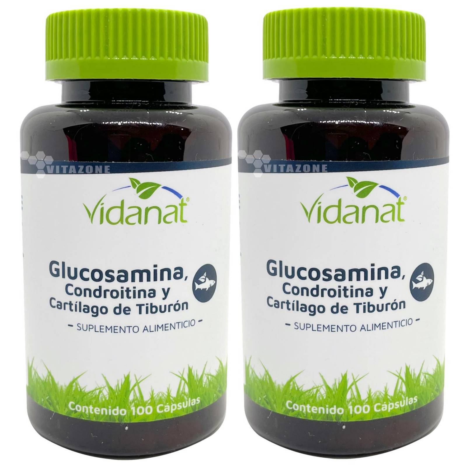 Glucosamina, Condroitina y Cartílago de Tiburón 100 caps Vidanat. (2 Frascos)