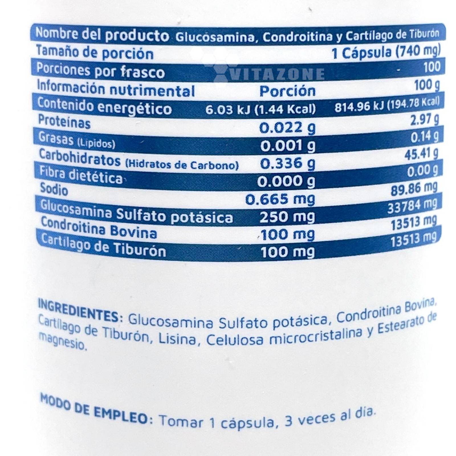 Glucosamina, Condroitina y Cartílago de Tiburón 100 caps Vidanat. (2 Frascos)