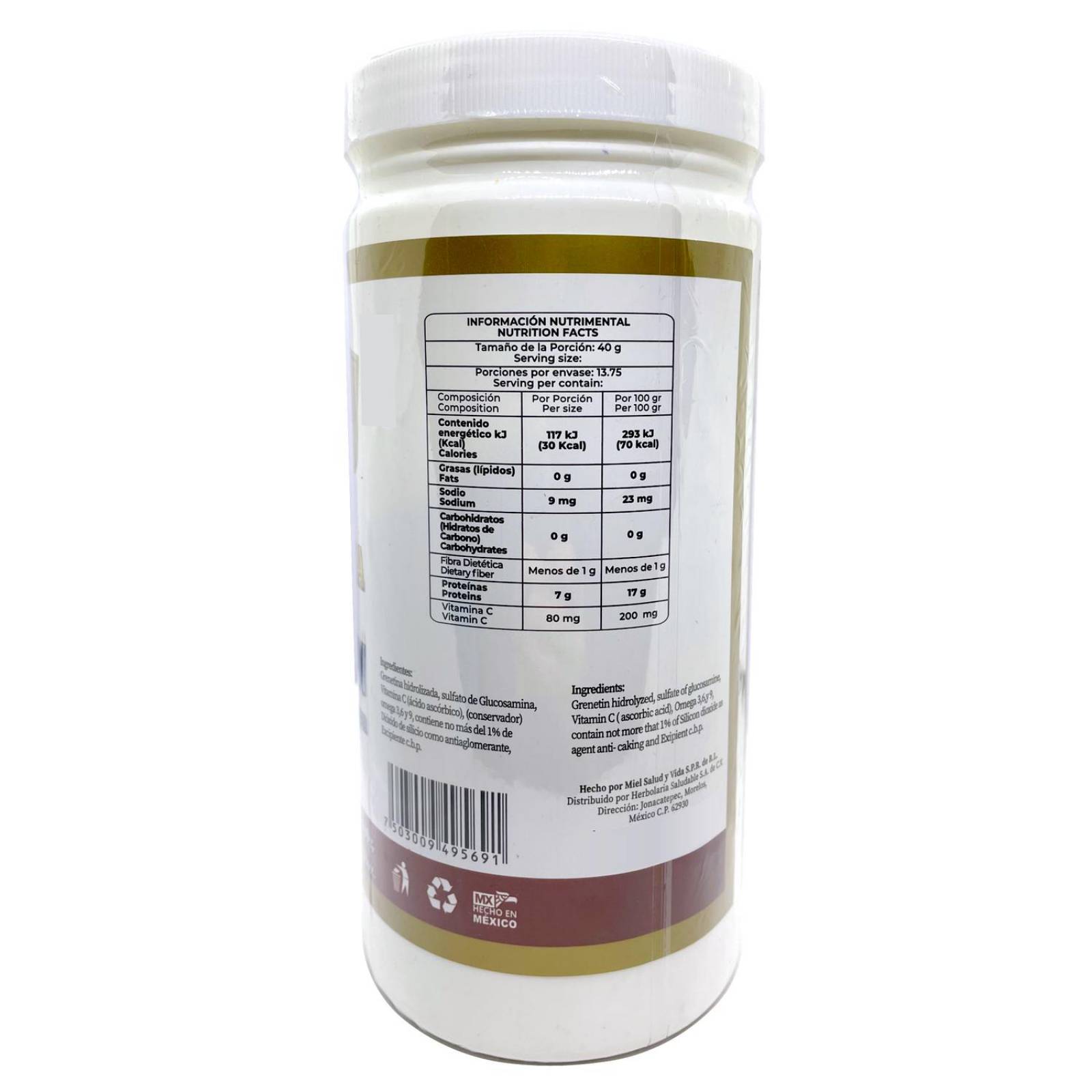 Grenetina Hidrolizada con Glucosamina y Omega 3,6 y 9 500 Grs Pretty Bee.