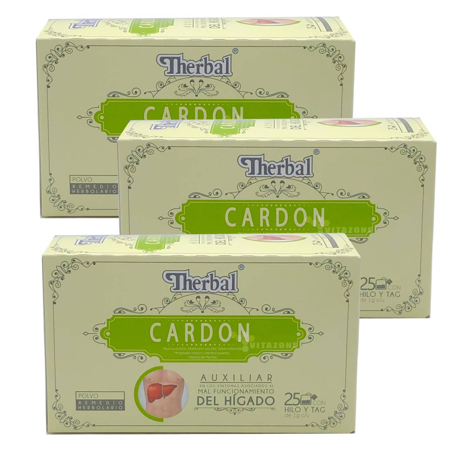 Té Cardon 25 sobres Therbal 3 cajas Boldo Salvia Manzanilla