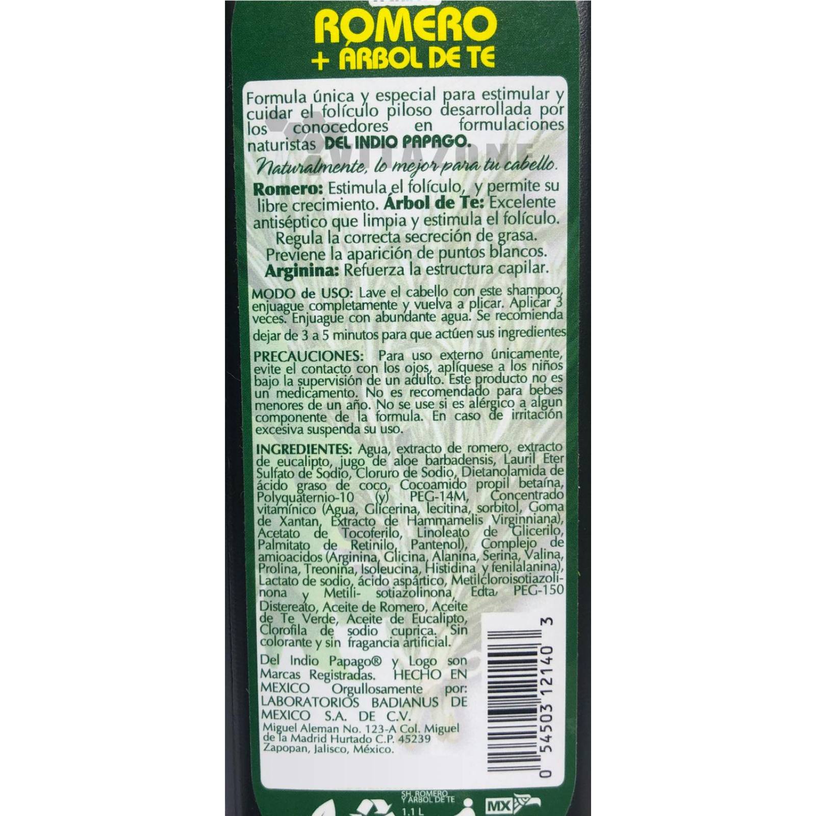 Shampoo Romero y Árbol de Té 1.1 Lt Indio Papago. 