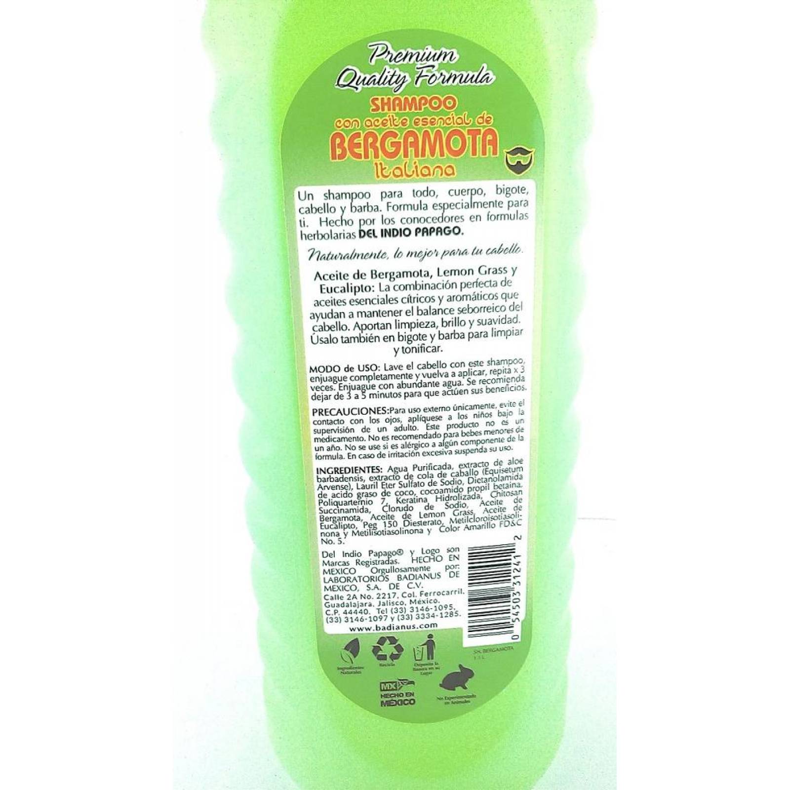 Shampoo Con Aceite De Bergamota Italiana 1.1 Lt Indio Papago 