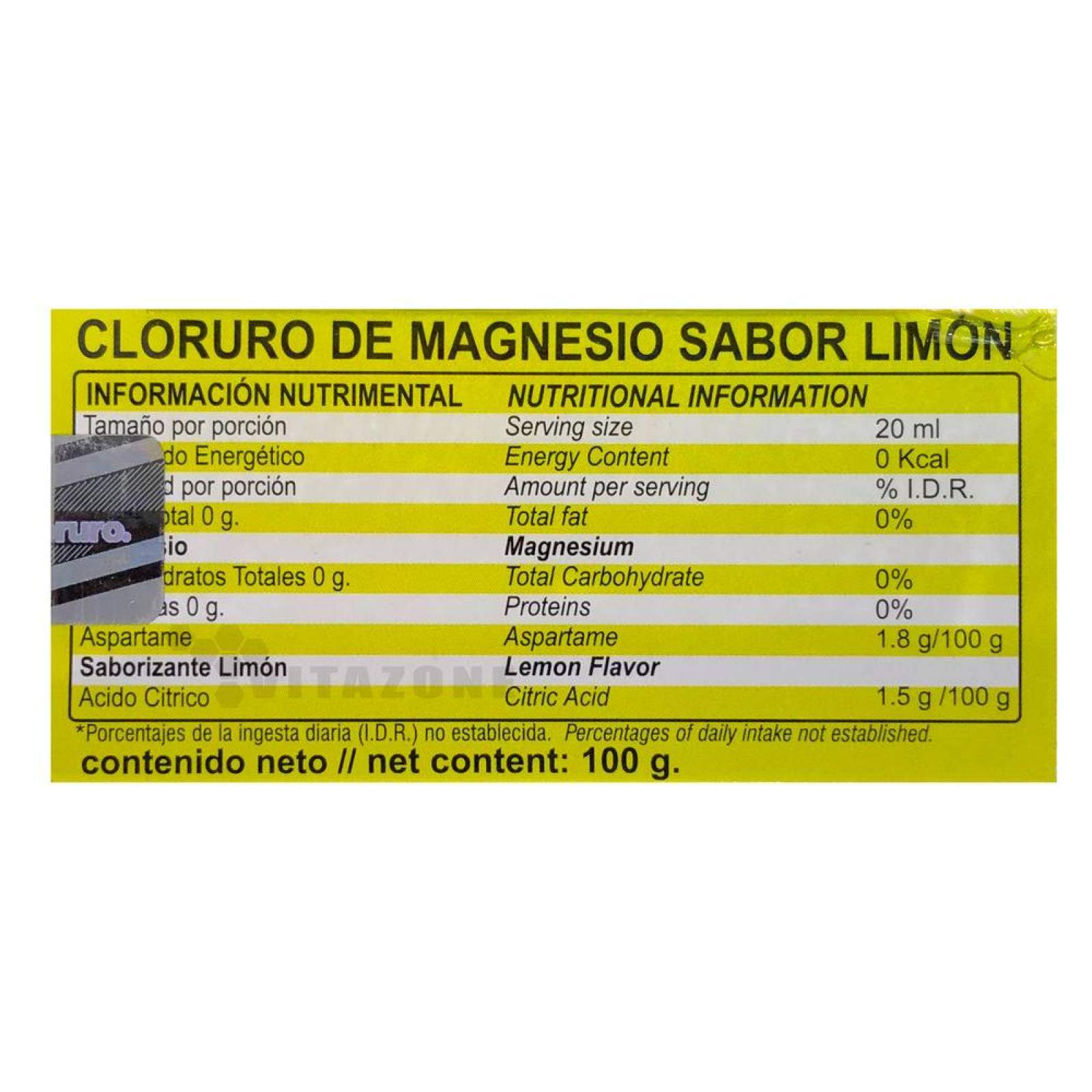Cloruro De Magnesio En Polvo Sabor Limón 100 grs Maxicloruro. 