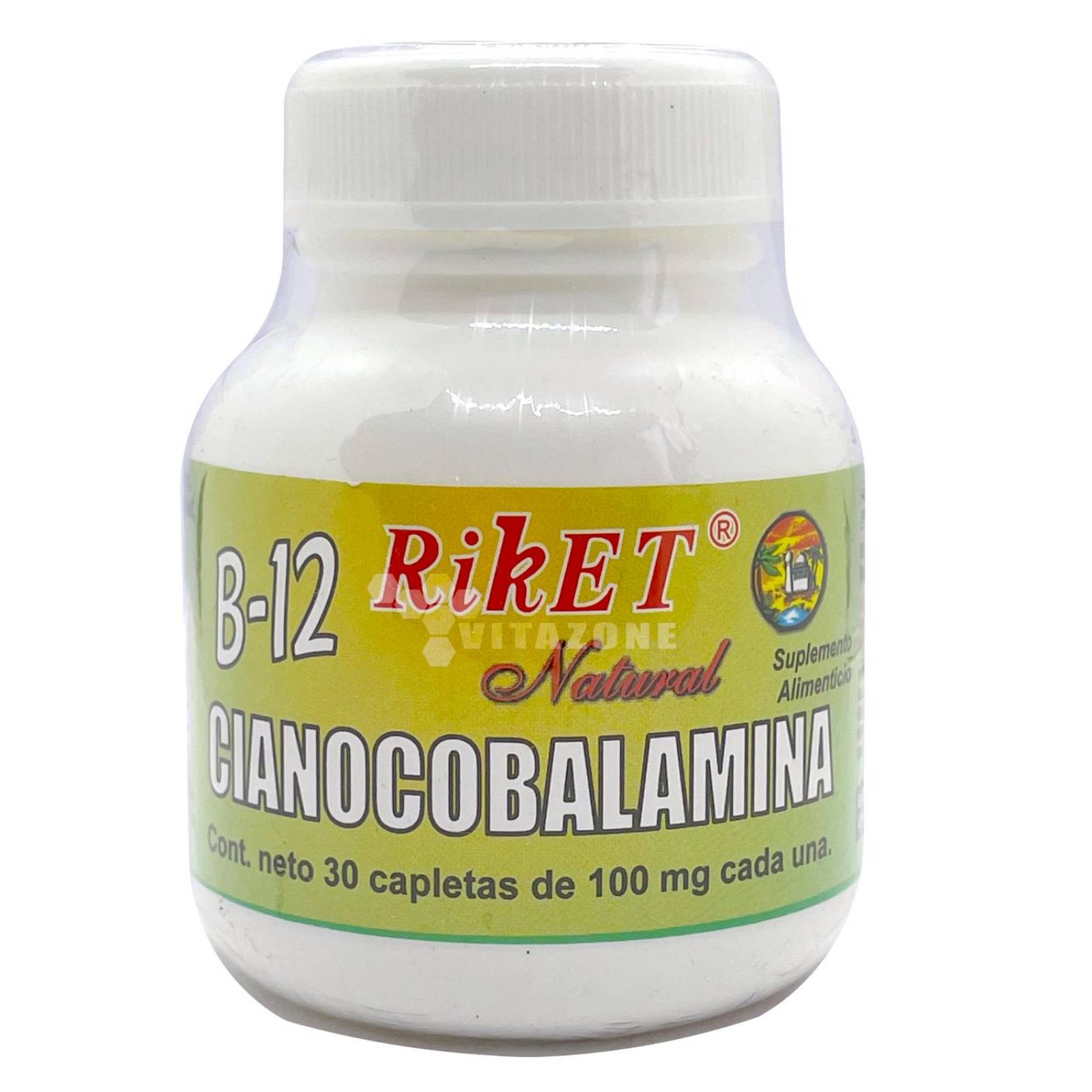 Vitamina B12 Cianocobalamina 30 capletas de 100 mg Riket 