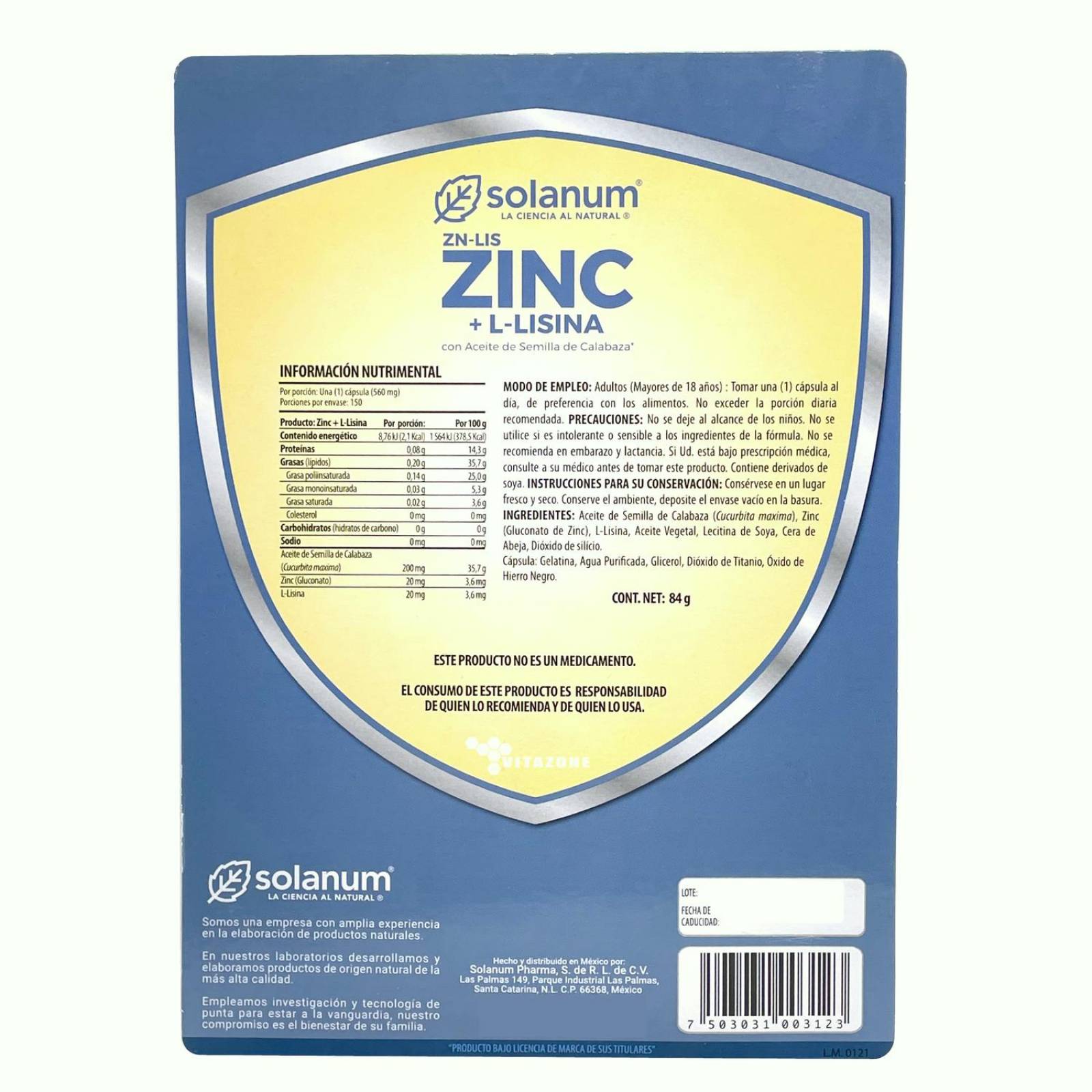 Gluconato de Zinc y Lisina 150 cápsulas Solanum .