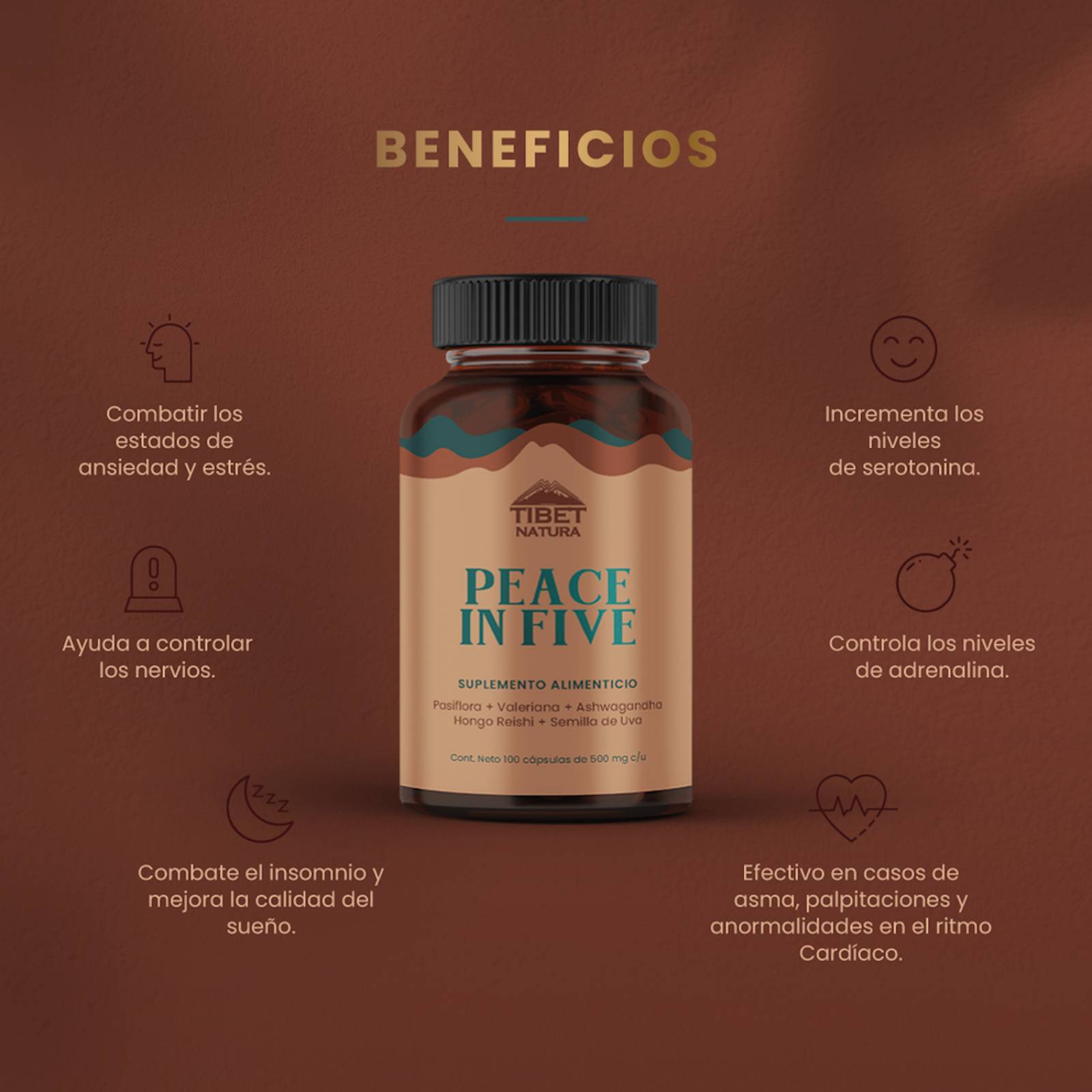 Pasiflora, Valeriana, Ashwagandha, Hongo Reishi 100 caps TIBET 