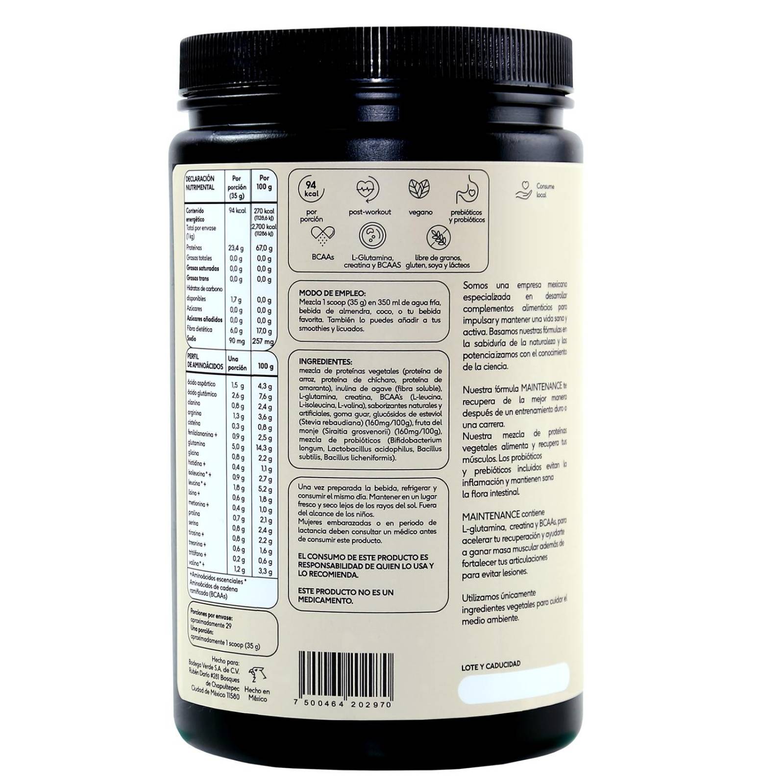 Proteína Vegana Vainilla 1 kg Glutamina Creatina BCAA Quenut 