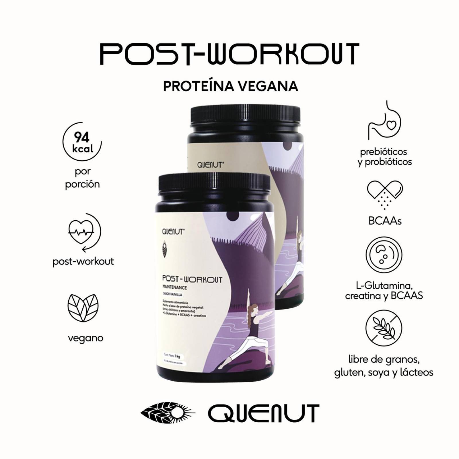 Proteína Vegana Vainilla 1 kg Glutamina Creatina BCAA Quenut 