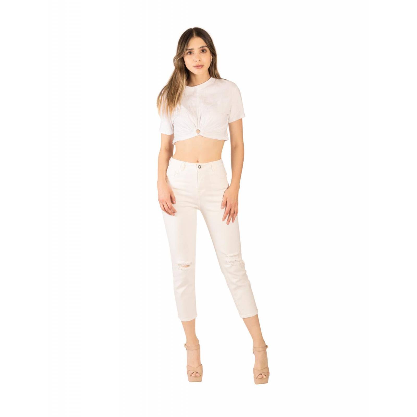 Mom jeans blanco rotos tiro alto 8933R 