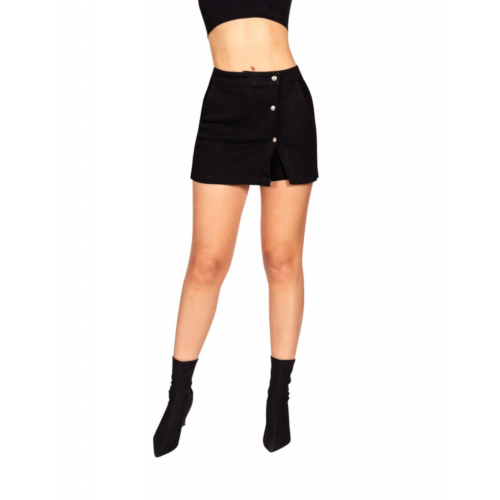 Falda short color negro de mezclilla stretch para mujer de moda