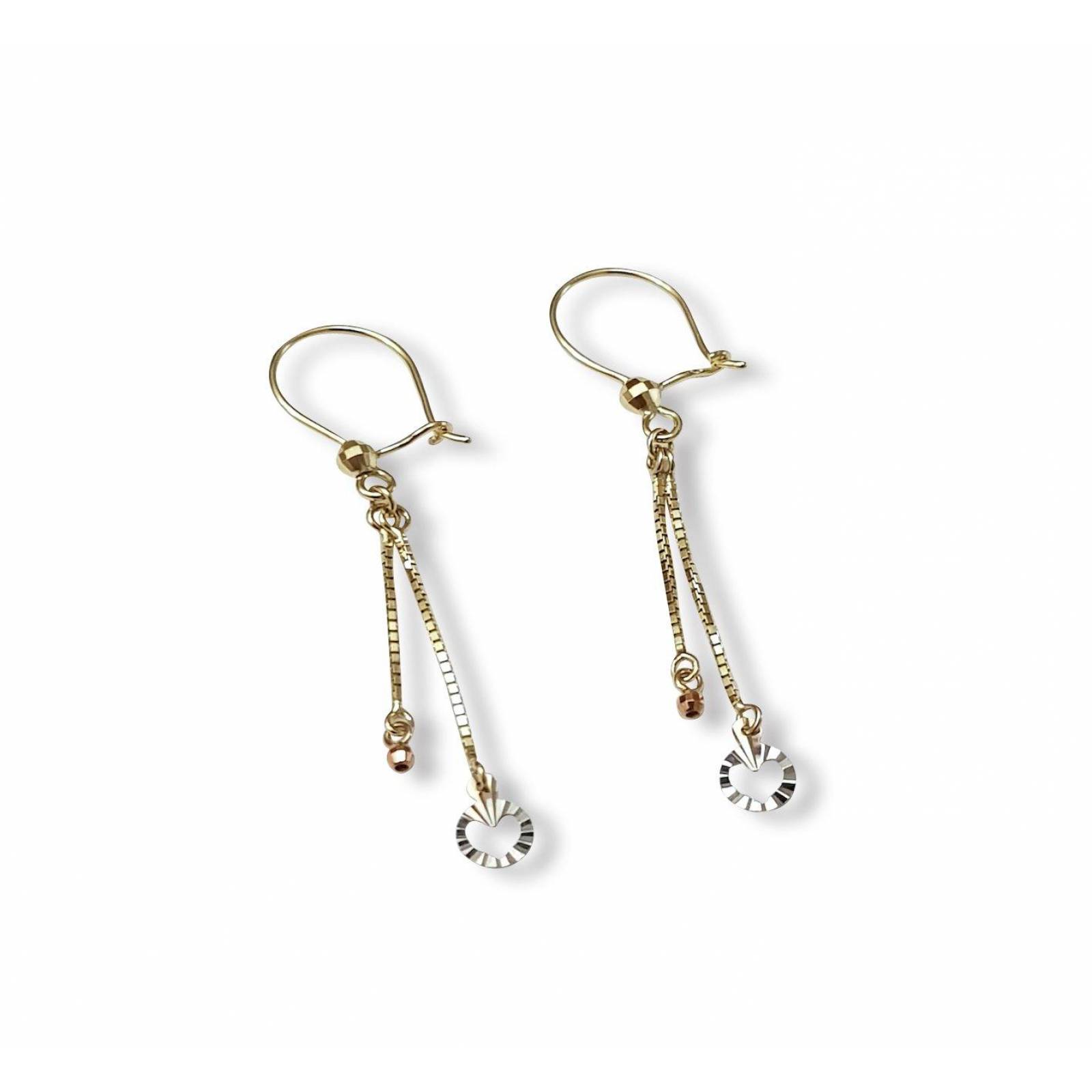 Aretes Colgantes Corazon 3 Oros Sólido 10k 