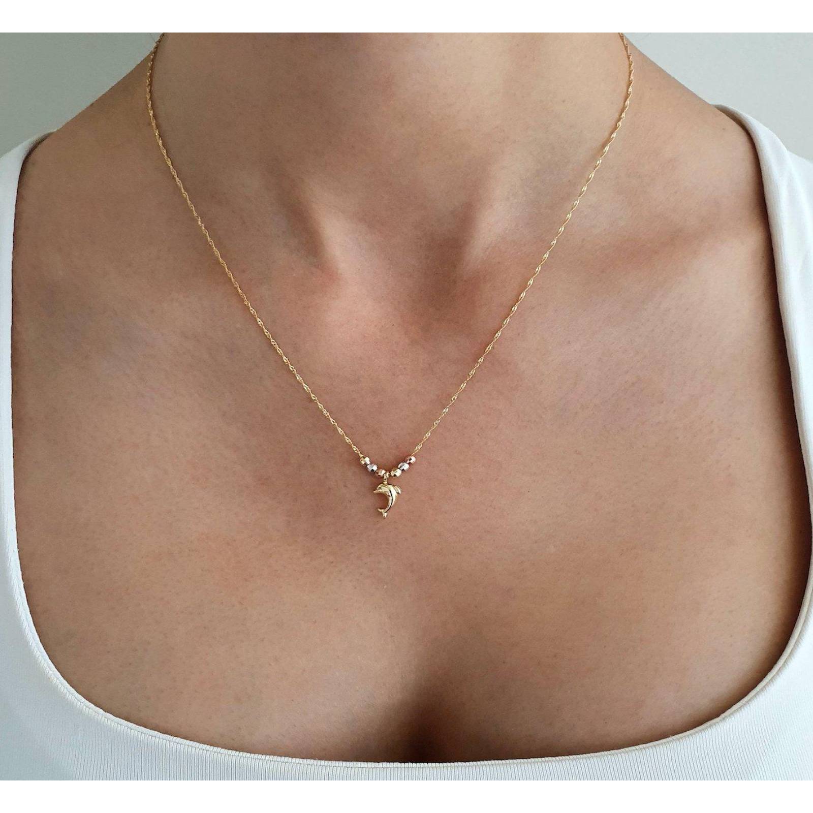 Cadena Gargantilla Dama Delfín Con 3 Oros 14k Sólido 