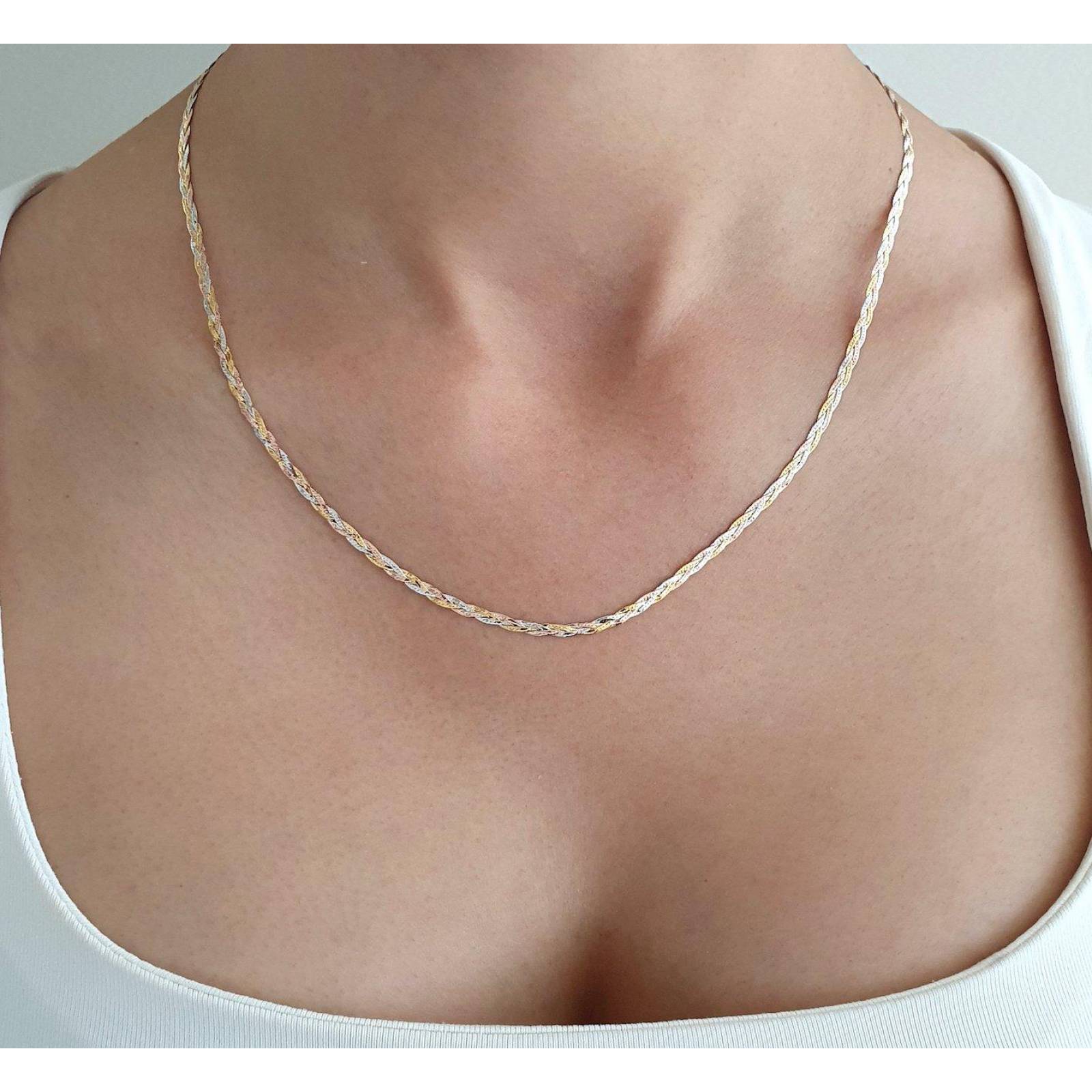 Bonita Cadena Gargantilla Dama Trenza 3 Oros Solido 14k 