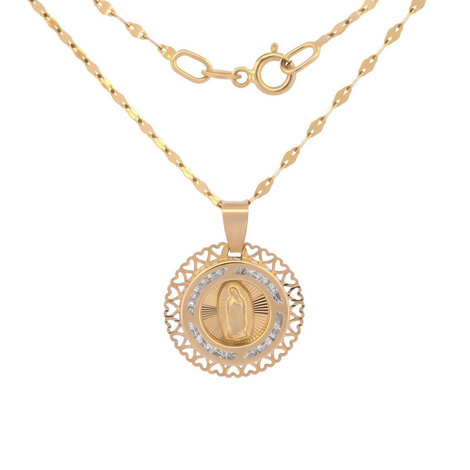 Cadena Con Dije De La Virgen De Guadalupe y Corazones En Oro Sólido 10k 