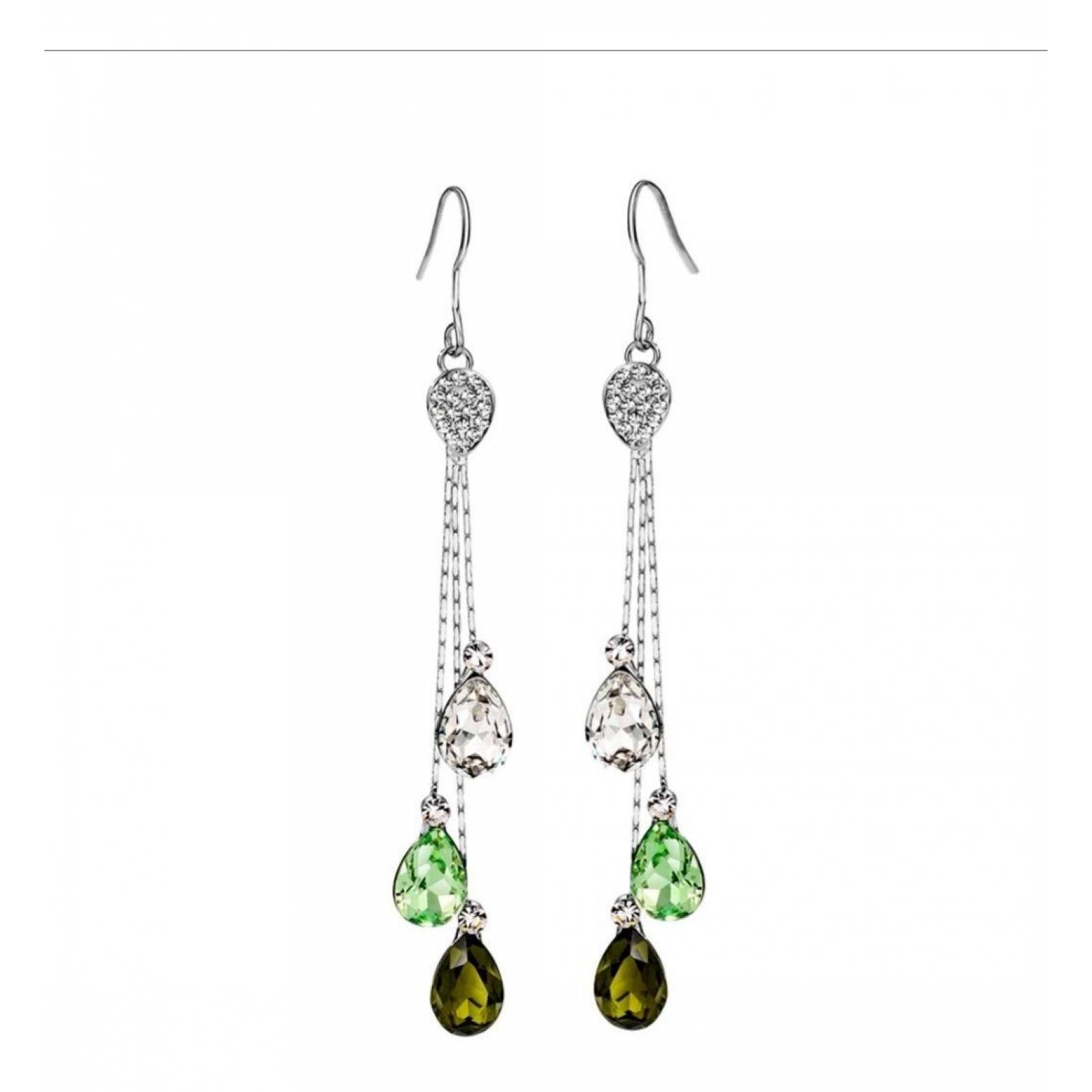 CRISTAL AMOR - Aretes Largos Gota De Cristales Oro 18k Laminado Verde