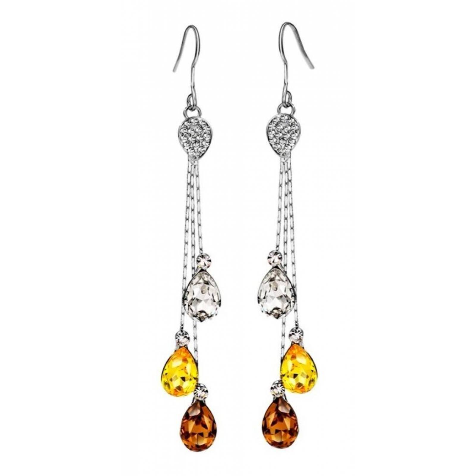 CRISTAL AMOR - Aretes Largos Gota De Cristales Oro 18k Laminado Champagne