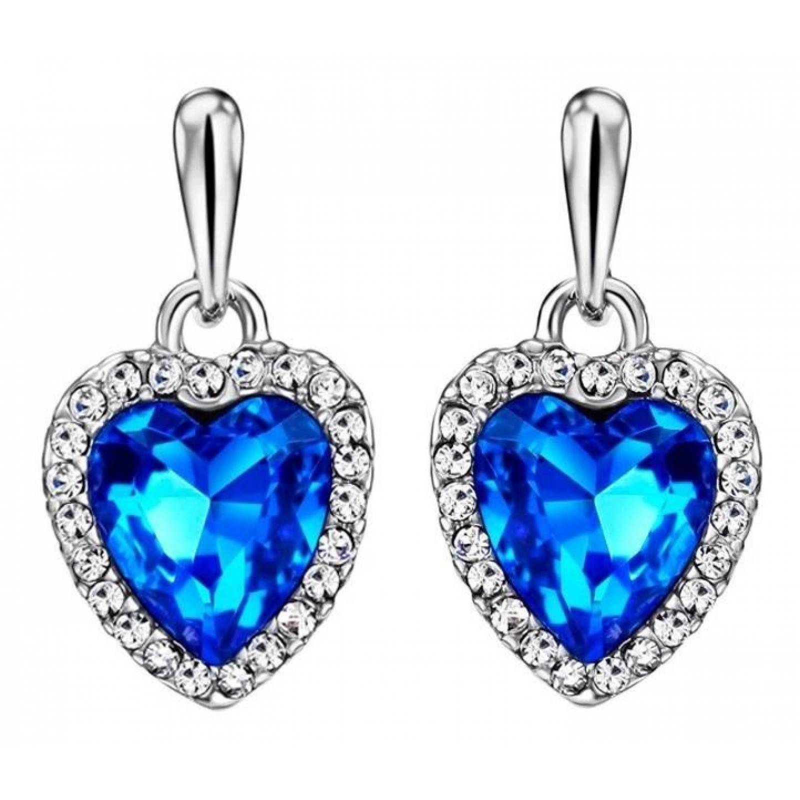 CRISTAL AMOR - Aretes Corazon Cristales Azul Oro Blanco 14k Laminado