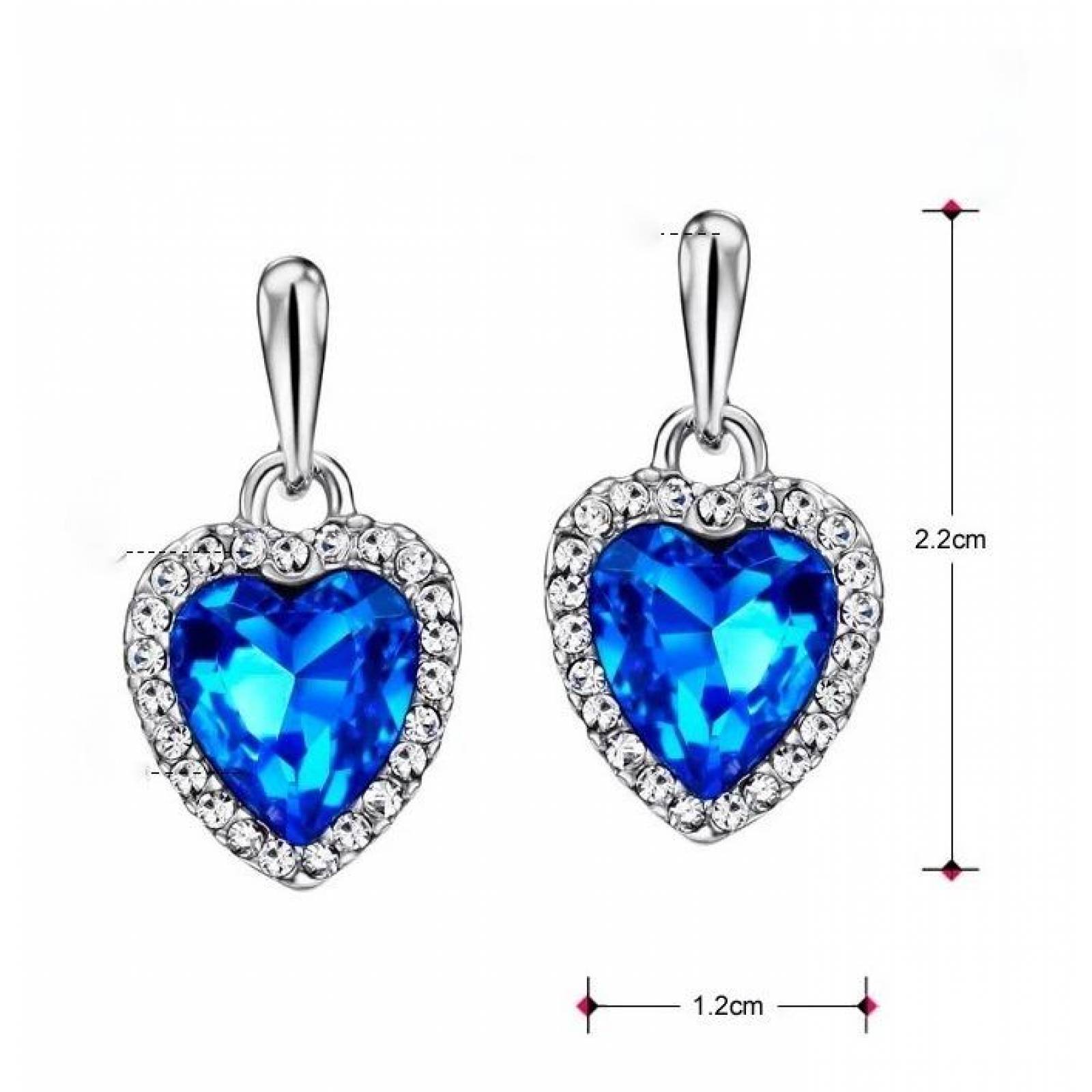 CRISTAL AMOR - Aretes Corazon Cristales Azul Oro Blanco 14k Laminado