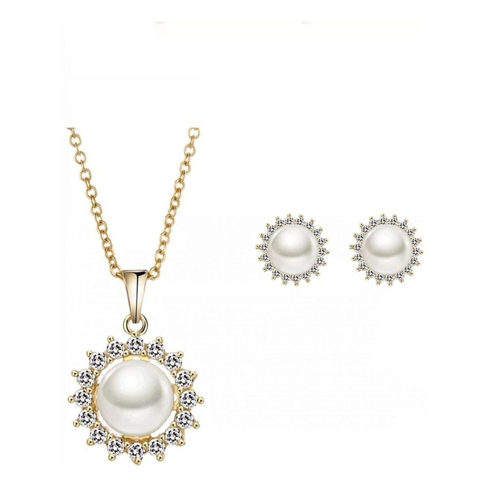 CRISTAL AMOR - Collar Y Aretes Flor Perlas Rio Cristal Oro 14k Laminado 