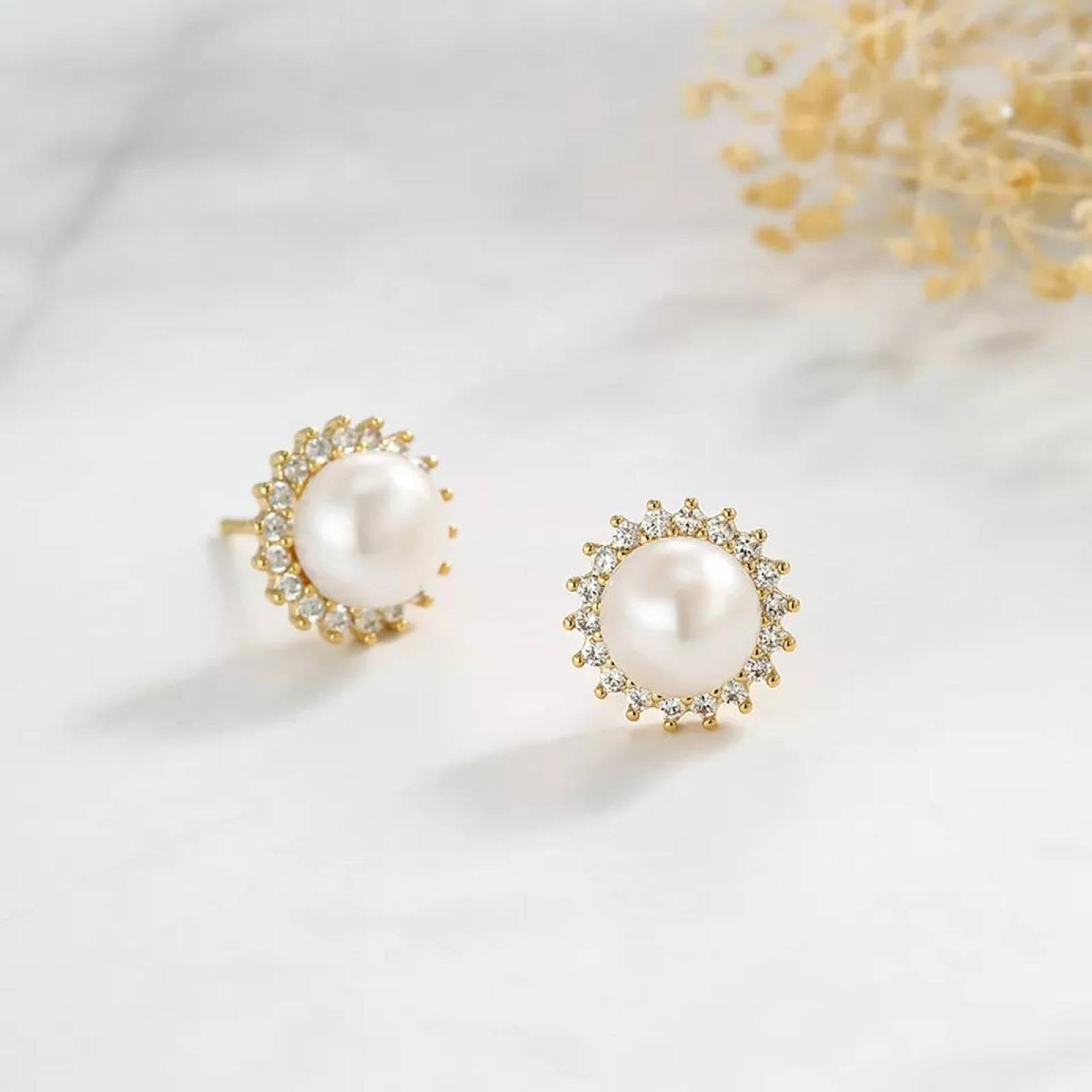 CRISTAL AMOR - Collar Y Aretes Flor Perlas Rio Cristal Oro 14k Laminado 