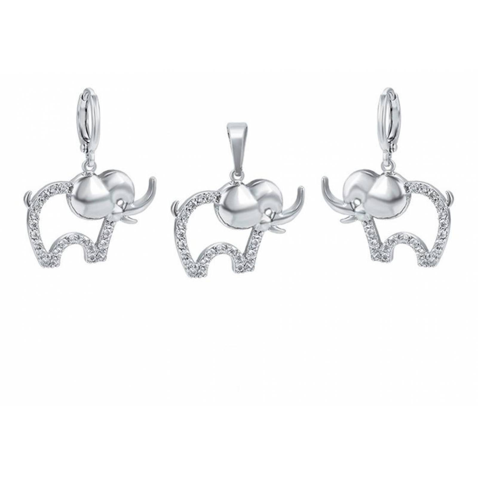 CRISTAL AMOR - Collar Y Aretes Juego Elefante Cristal Oro 14k Laminado Blanco