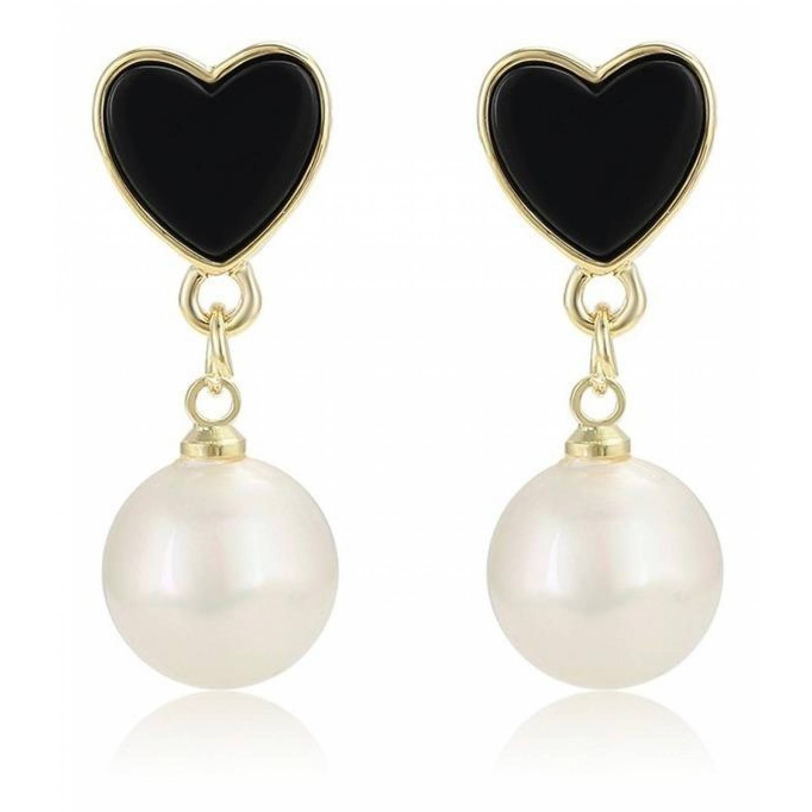 CRISTAL AMOR - Aretes Corazón Perla Cultivada Aaa Oro 14k Laminado Negro