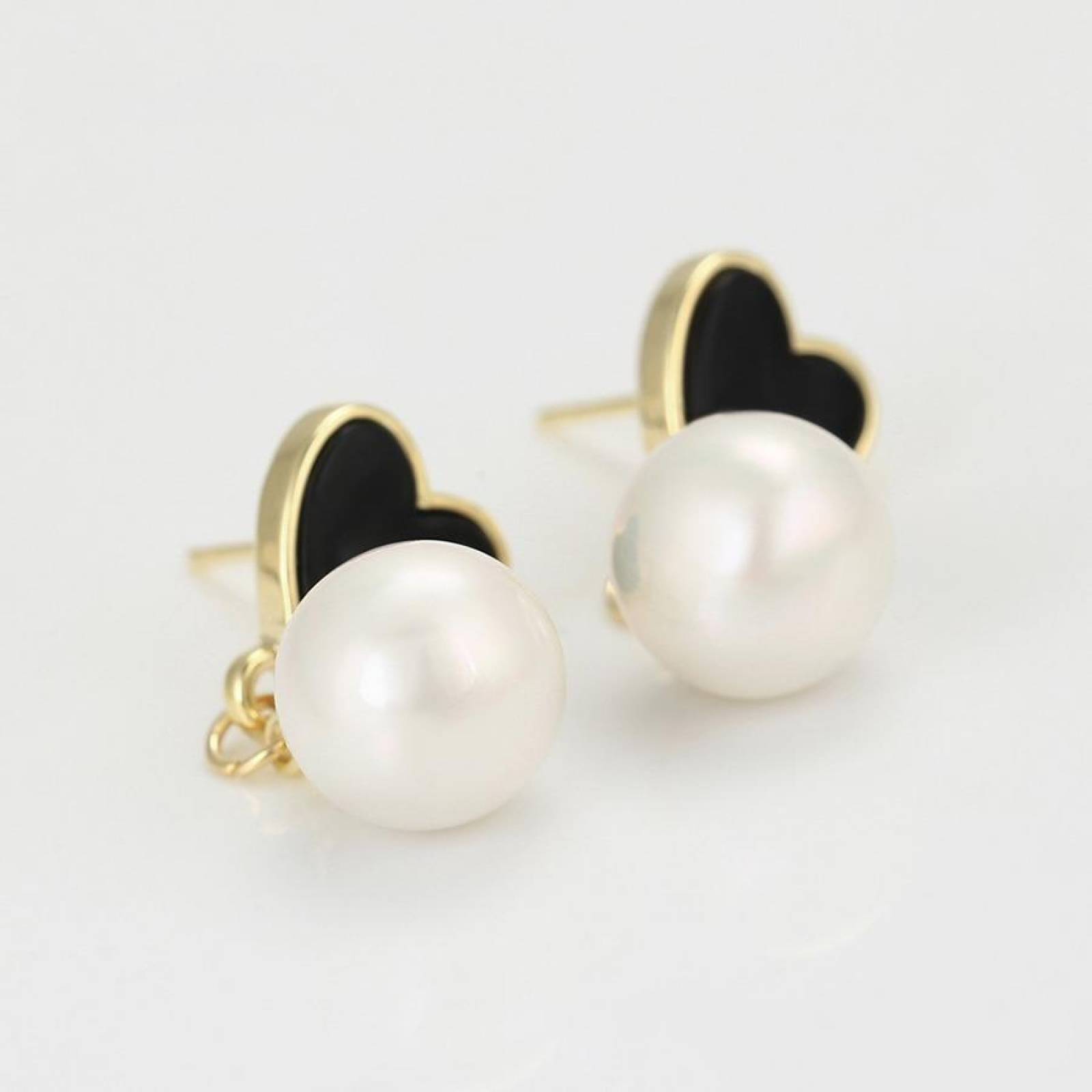 CRISTAL AMOR - Aretes Corazón Perla Cultivada Aaa Oro 14k Laminado Negro
