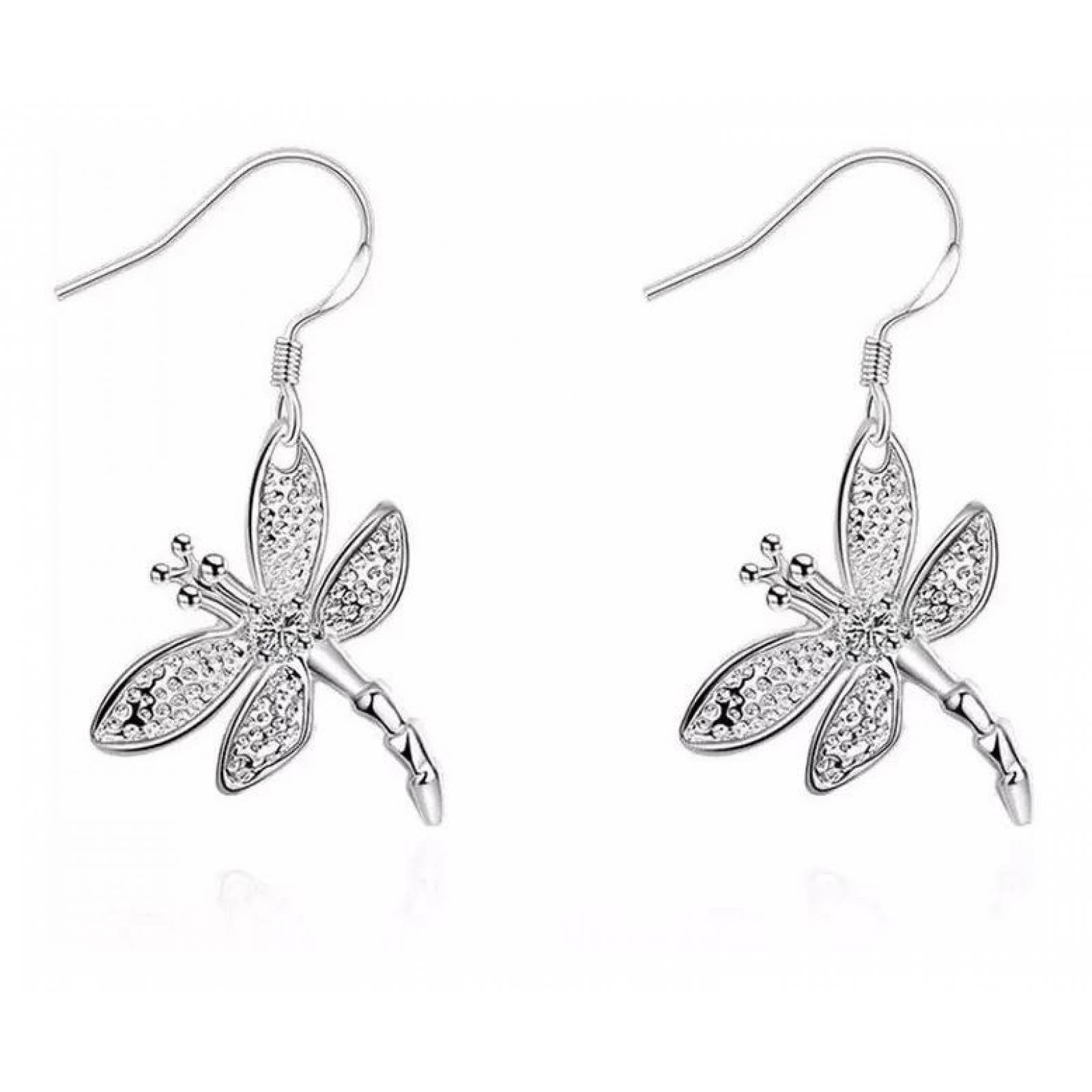 CRISTAL AMOR - Aretes Largos Libelula Plata Italiana .925 