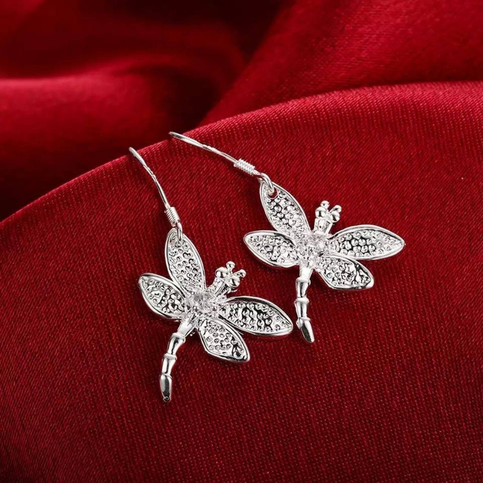 CRISTAL AMOR - Aretes Largos Libelula Plata Italiana .925 