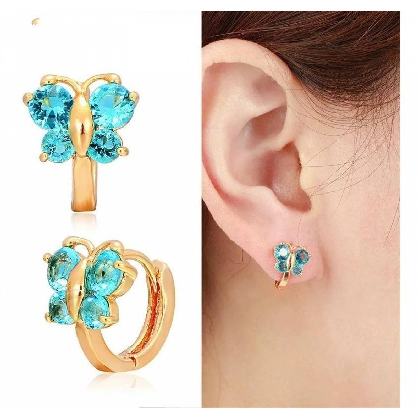CRISTAL AMOR - Arracadas Huggies Mariposa Cristal Oro 14k Laminado Niña Azul