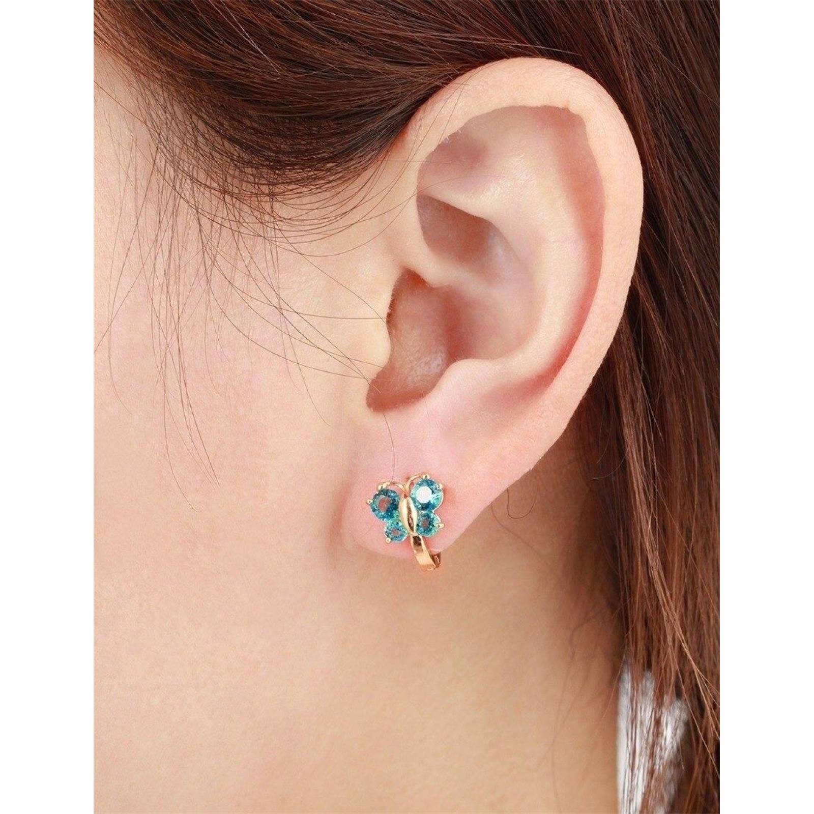 CRISTAL AMOR - Arracadas Huggies Mariposa Cristal Oro 14k Laminado Niña Azul