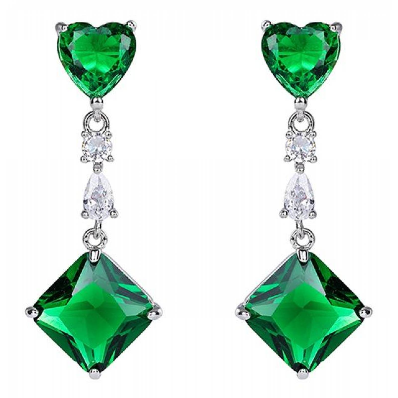 CRISTAL AMOR - Aretes Largos Corazon Cristal Dama Oro 14k Laminado Verde