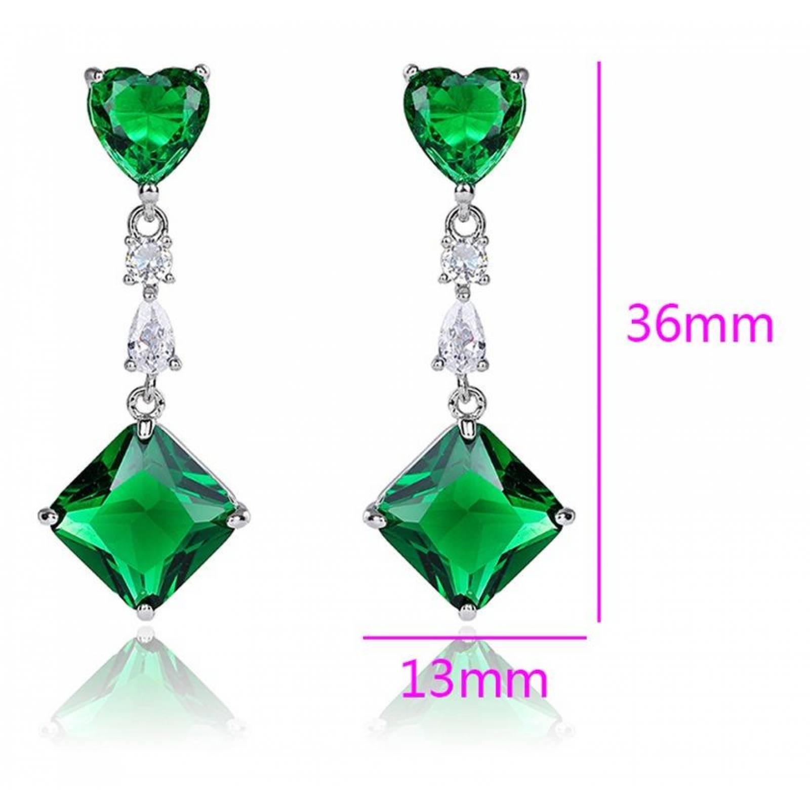 CRISTAL AMOR - Aretes Largos Corazon Cristal Dama Oro 14k Laminado Verde
