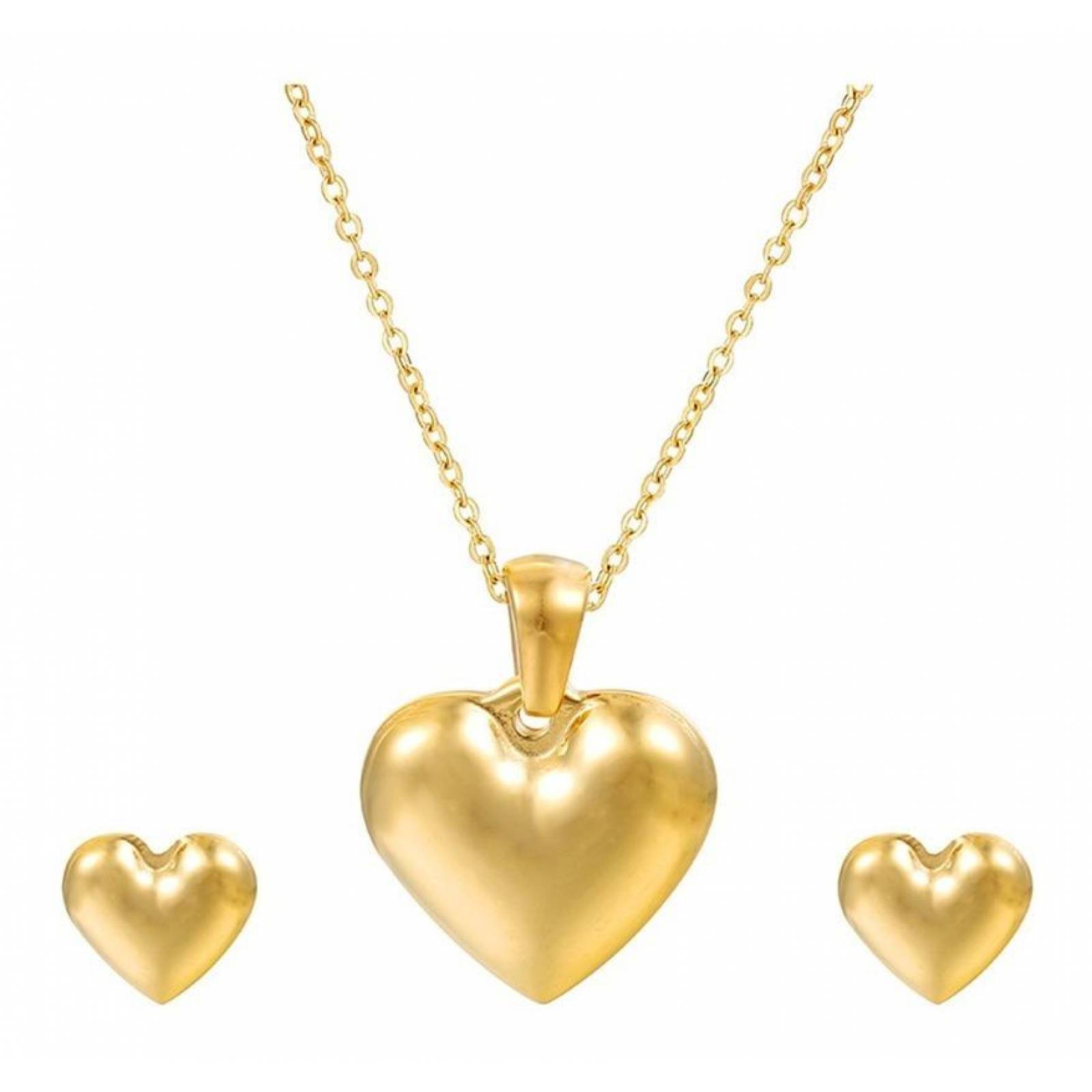 CRISTAL AMOR - Collar Y Aretes Corazon Inflado Pulido Oro 24k Laminado 