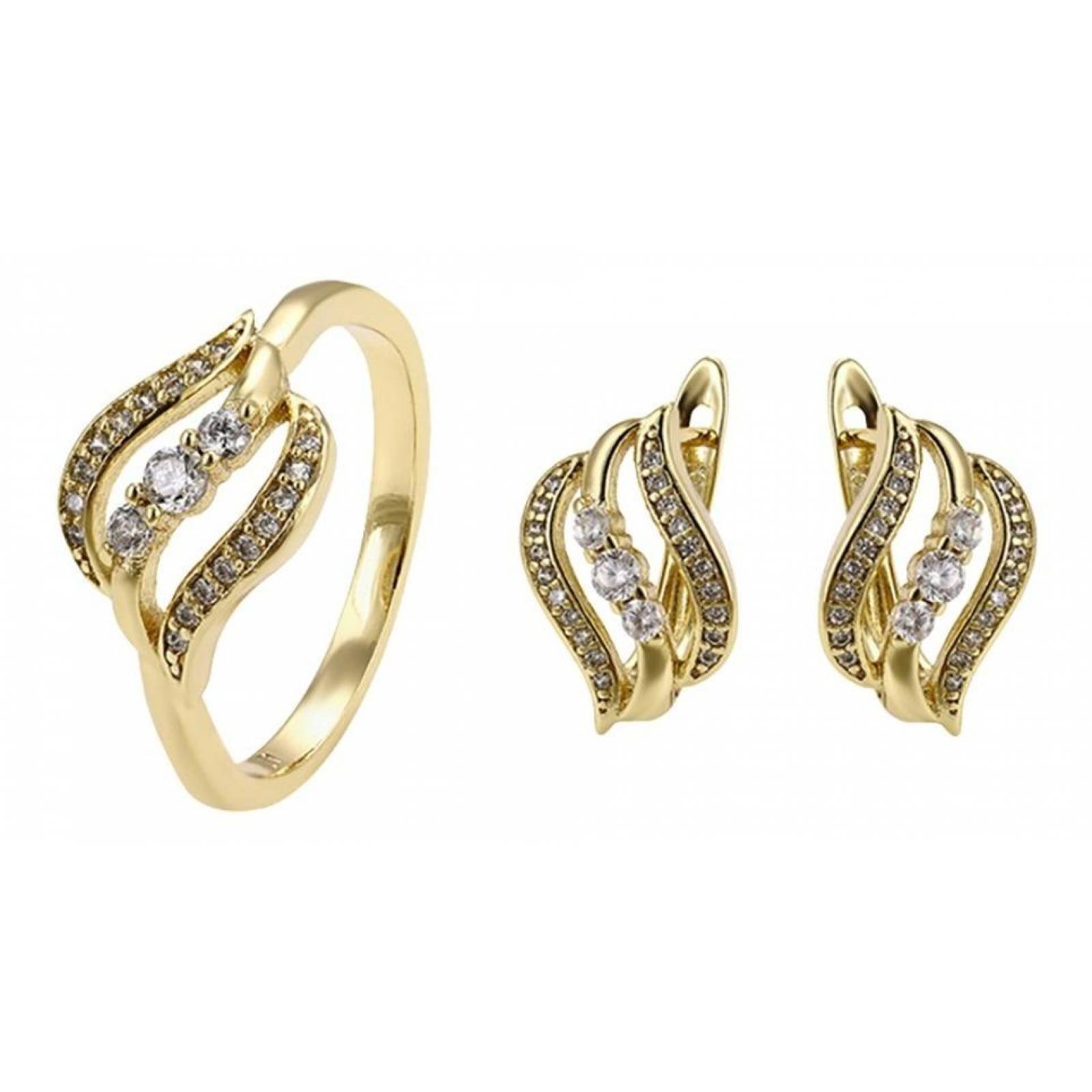 CRISTAL AMOR - Aretes Y Anillo Cristal Oro Laminado Dama Dorado 6