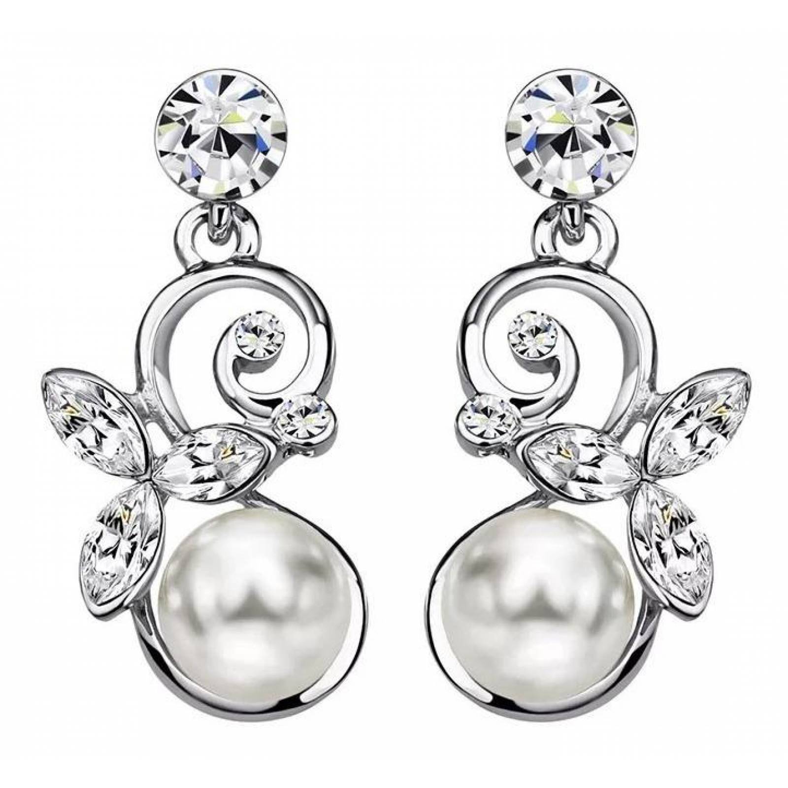 CRISTAL AMOR - Aretes Con Perlas Y Cristales Oro 18k Laminado Blanco