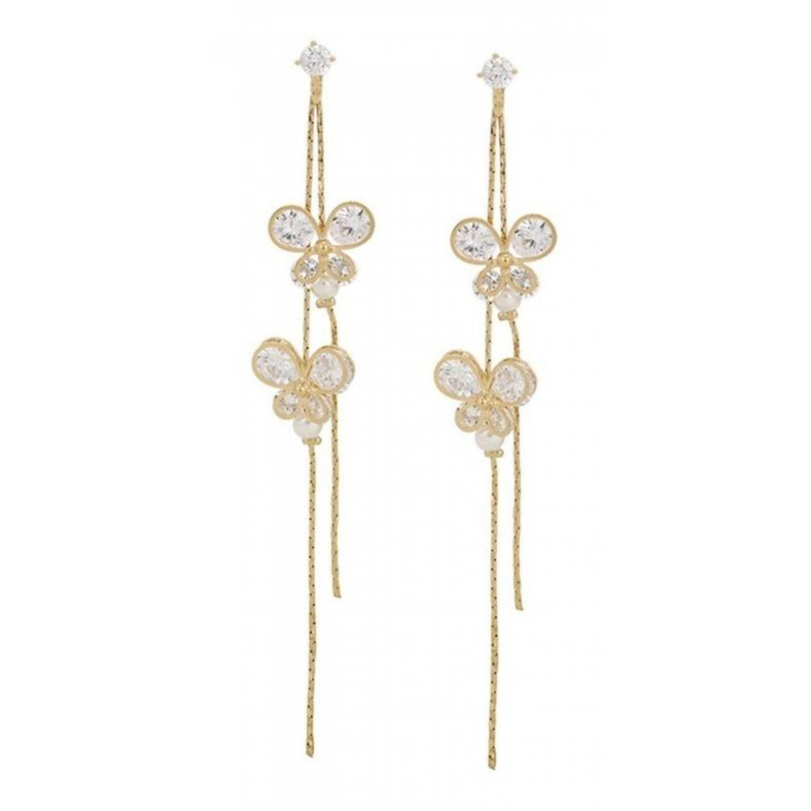CRISTAL AMOR - Aretes Largos Mariposas Con Cristales Oro 14k Laminado Blanco