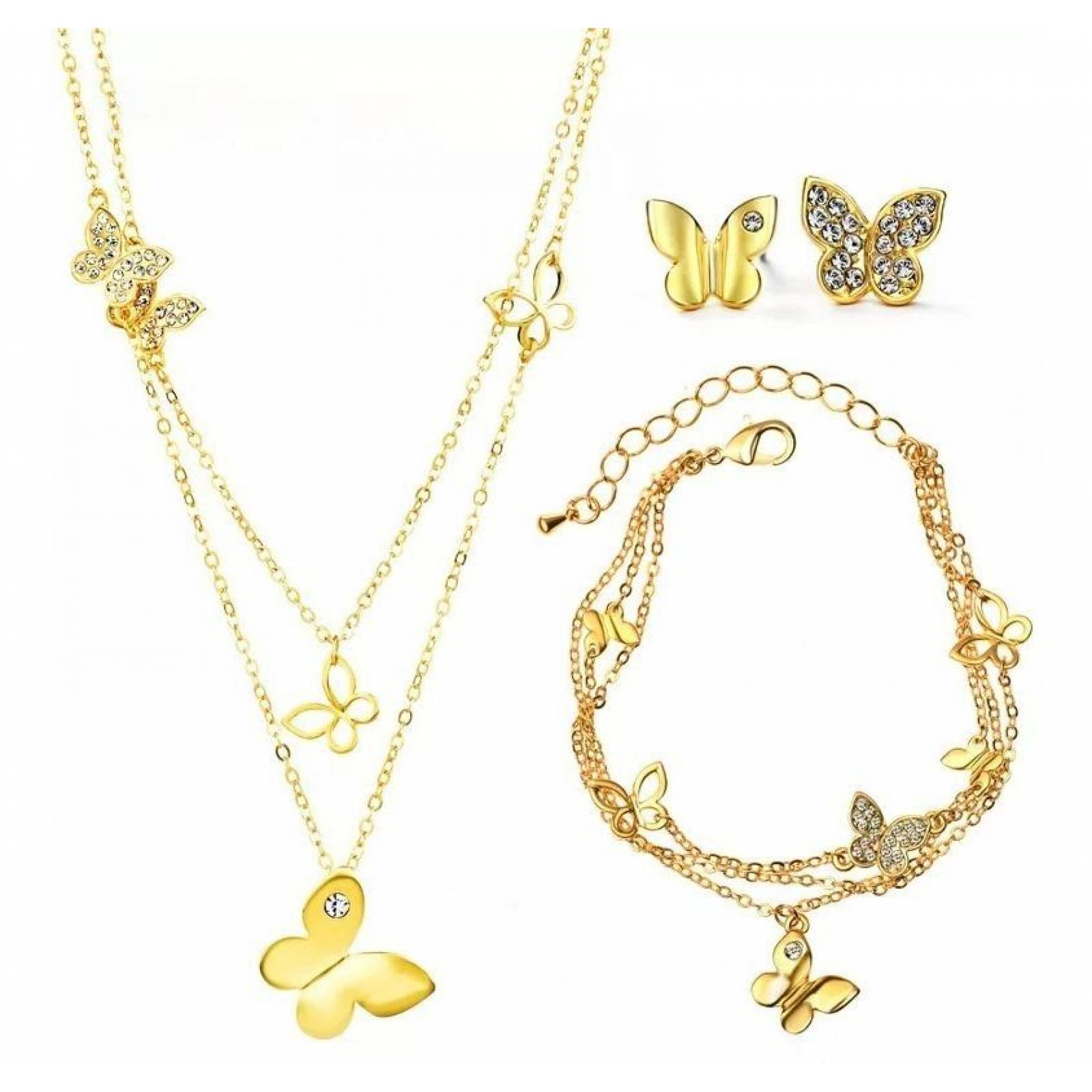 CRISTAL AMOR - Collar Aretes Y Pulsera Mariposa Cristal Oro Laminado 